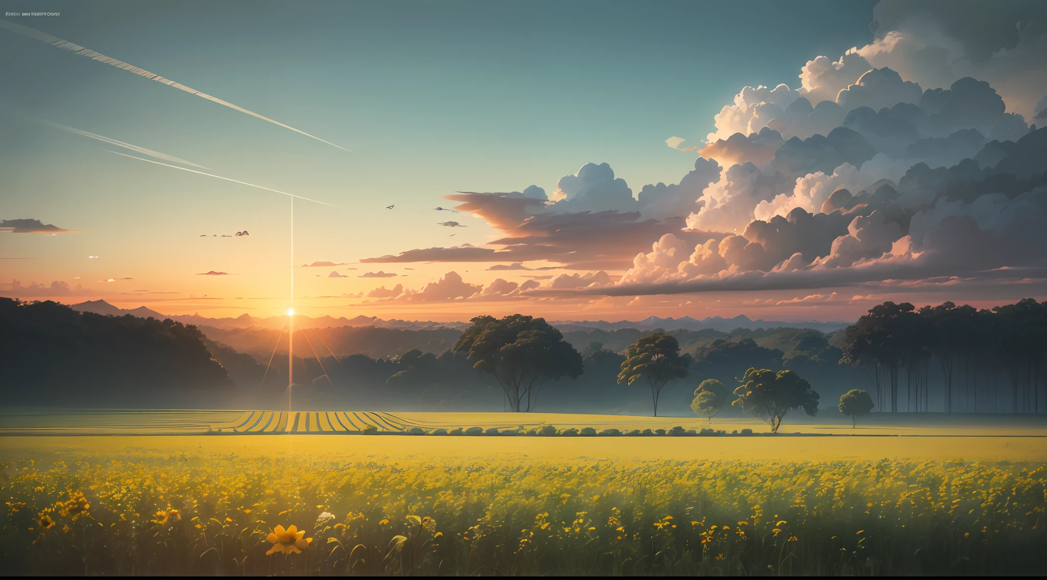 Early morning, There is still some dark color in the sky, The clouds are light and the wind is light. The rising sun passes through the clouds, Warm sunlight spills over a green jungle, Reflecting the dew on the leaves, Shining with crystal luster. A bird chirps happily on a branch, Fly in this tranquil morning. The fields and meadows in the distance are dotted with sunlight. The night passed, Everything was rejuvenated and brought to life. In the hazy morning light, Bright light and shadow, Fresh air, Make people feel a harmonious and gentle atmosphere, It is as if you can smell the fresh dew and the smell of the fields. Six o'clock in the morning, It was a quiet and beautiful moment, It's heart-wrenching.