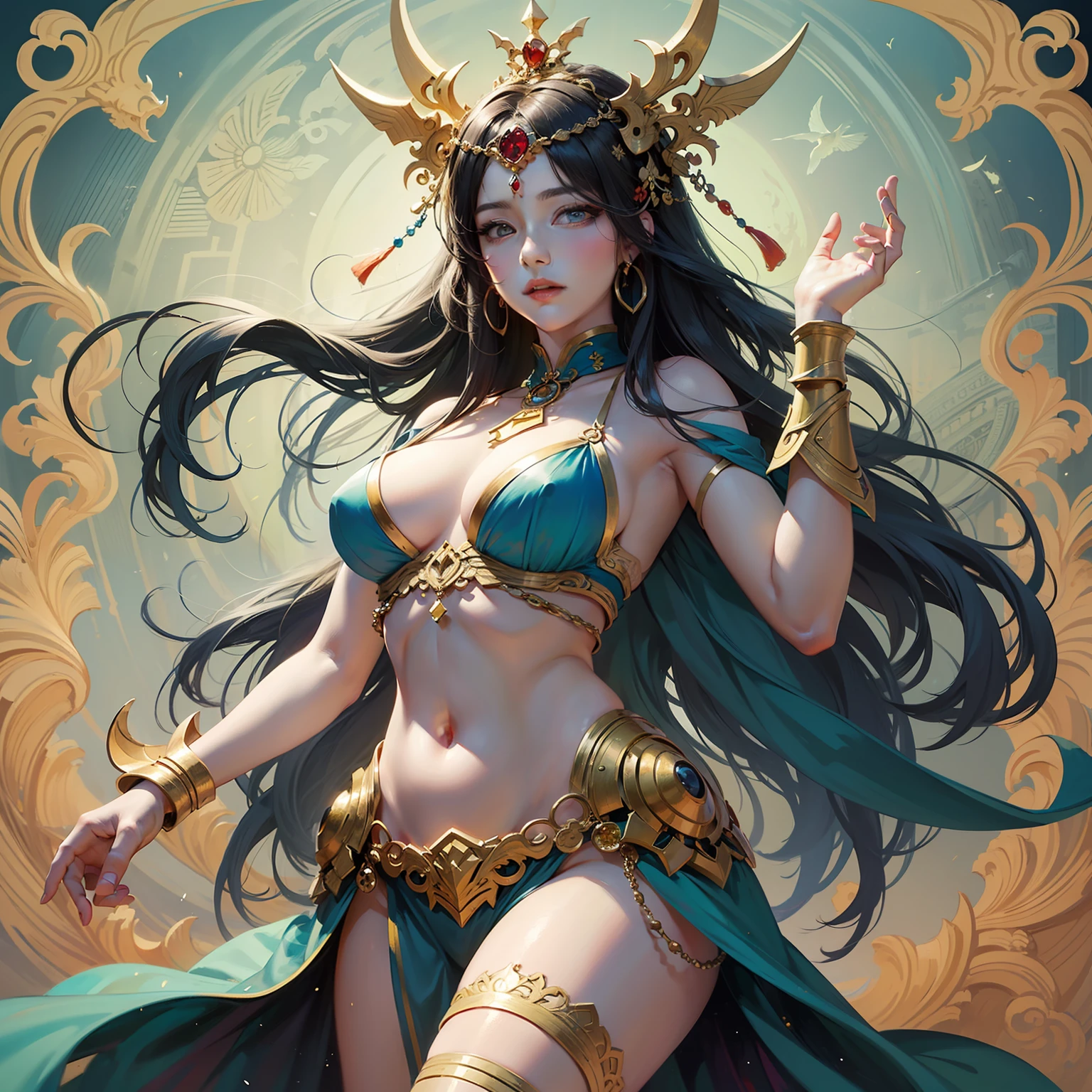 arafed image of a woman in a belly dance costume, alphonse mucha and rossdraws, by Yang J, inspired by Fenghua Zhong, full color illustration, a beautiful fantasy empress, inspired by Lan Ying, by Shen Zhou, a beautiful artwork illustration, by Qu Leilei, by Yan Hui, by Zeng Jing, by Lu Guang