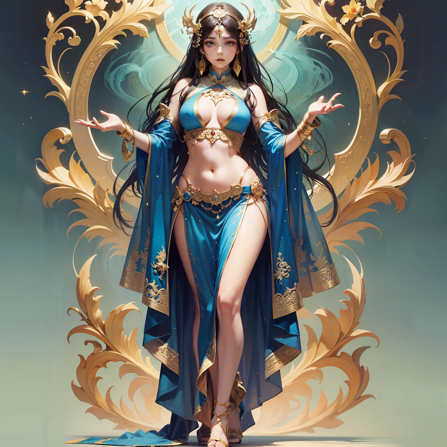 arafed image of a woman in a belly dance costume, alphonse mucha and rossdraws, by Yang J, inspired by Fenghua Zhong, full color illustration, a beautiful fantasy empress, inspired by Lan Ying, by Shen Zhou, a beautiful artwork illustration, by Qu Leilei, by Yan Hui, by Zeng Jing, by Lu Guang