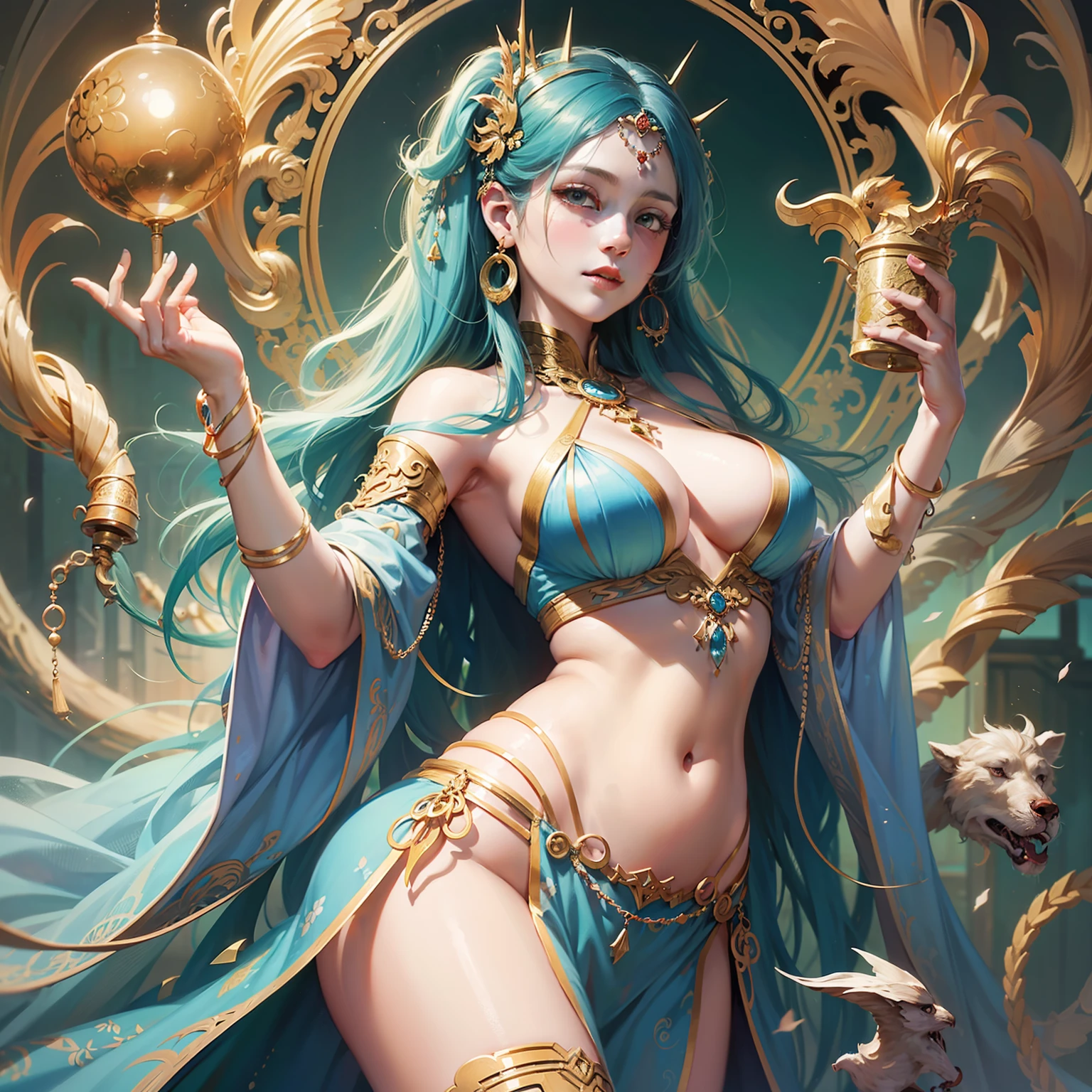 arafed image of a woman in a belly dance costume, alphonse mucha and rossdraws, by Yang J, inspired by Fenghua Zhong, full color illustration, a beautiful fantasy empress, inspired by Lan Ying, by Shen Zhou, a beautiful artwork illustration, by Qu Leilei, by Yan Hui, by Zeng Jing, by Lu Guang