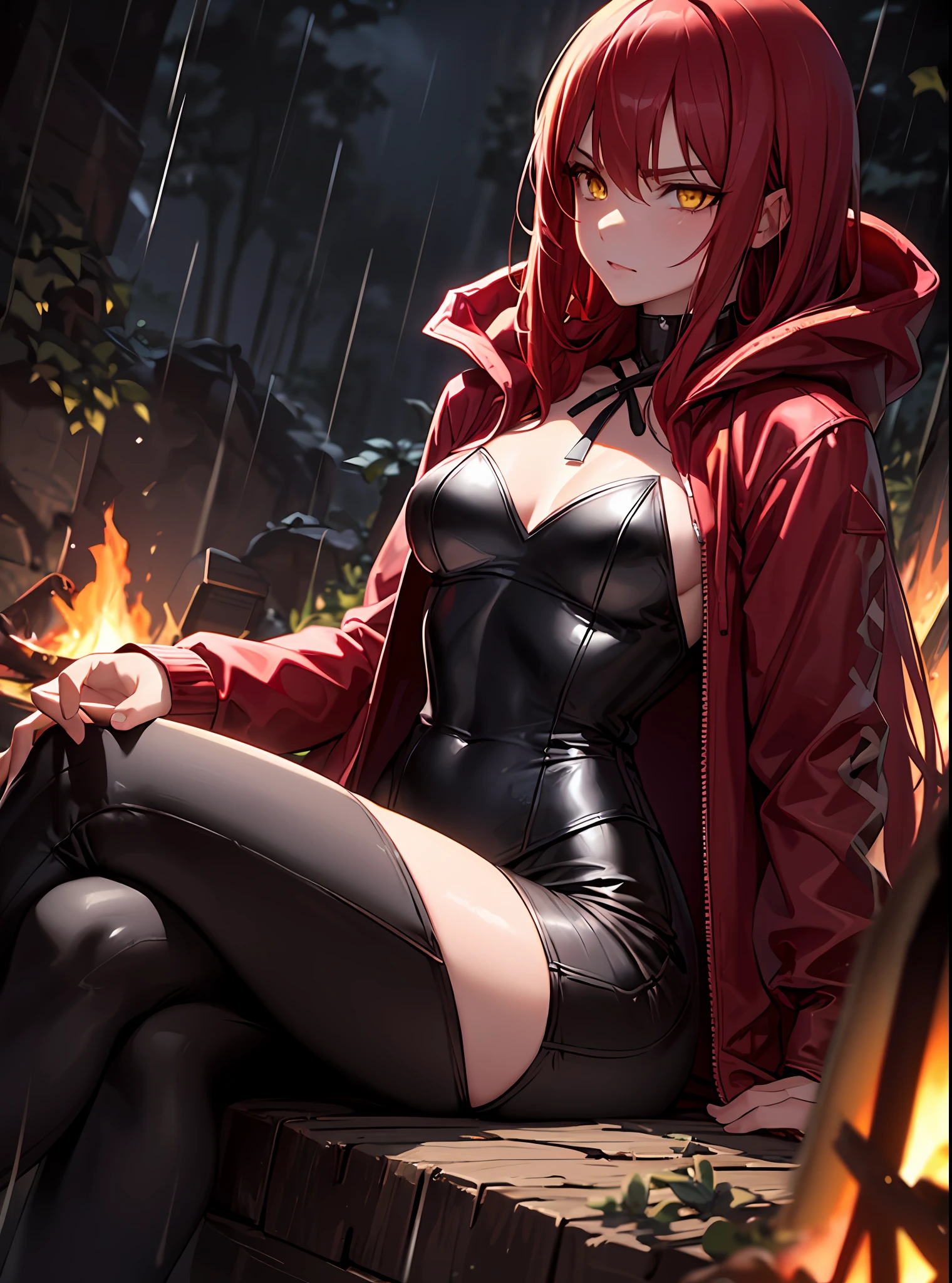 (masterpiece, best quality) an adult woman with very long red hair, forest, ((garden)), ((night)), ((campfire)), outdoors, ((sitting)), ((crossed legs)), rain, indoors, ((red hooded jacket)), ((close-up)), neckline, black ribbons, red leather, (profile picture), black bows, bodysuit, cold look, queen, good anatomy, correct proportions, queen, yellow eyes, serious, mysterious appearance, emotionless,  straight bangs, very long red hair, evil, (yellow eyes), gothic, medium chest, ((show from chest to head)), oil painting color, solo, cinematic lighting, extremely detailed face, finely detailed face, beautiful face, beautiful eyes, perfect lighting, depth of field, realistic proportions, good anatomy