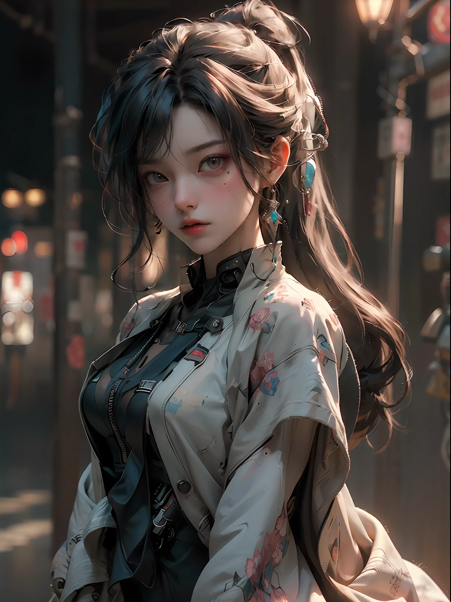 ((Best Quality)), ((Masterpiece)), (Detail: 1.4), 3D, A Beautiful Cyberpunk Female Figure, HDR (High Dynamic Range), Mechanical Body, Ray Tracing, NVIDIA RTX, Super-Resolution, Unreal 5, Subsurface Scattering, PBR Textures, Post Processing, Anisotropic Filtering, Depth of Field, Maximum Sharpness and Sharpness, Multi-layer Textures, Albedo and Highlight Maps, Surface Coloring, Accurate simulation of light-material interactions, perfect proportions, Octane Render, two-color light, large aperture, low ISO, white balance, rule of thirds, 8K RAW,