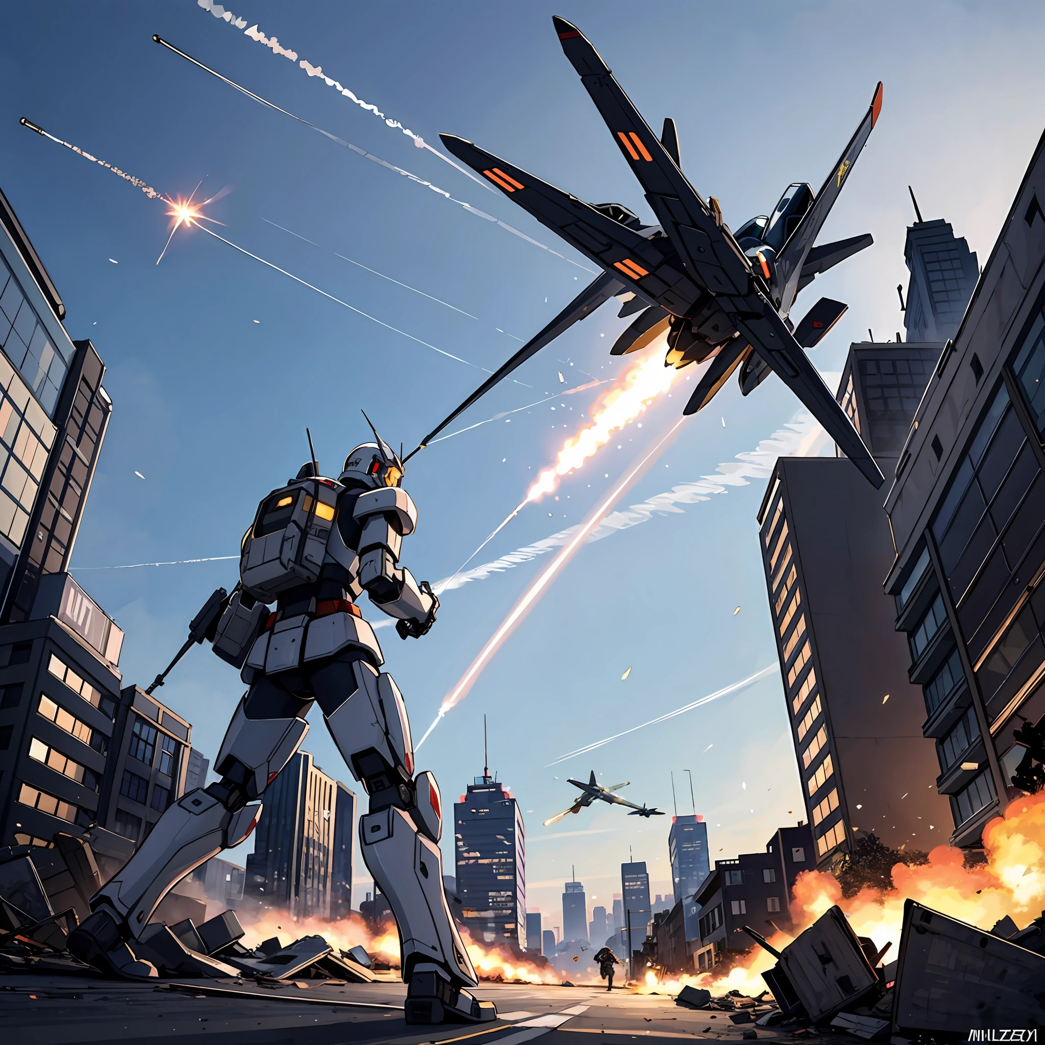 war zone, city street, firing smoke trail, missiles, contrail, missile pod, mecha, destroyed city, millitary army.