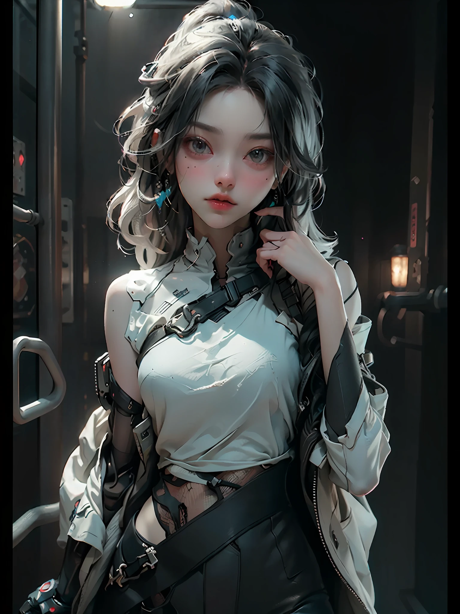 ((Best Quality)), ((Masterpiece)), (Detail: 1.4), 3D, A Beautiful Cyberpunk Female Figure, HDR (High Dynamic Range), Mechanical Body, Ray Tracing, NVIDIA RTX, Super-Resolution, Unreal 5, Subsurface Scattering, PBR Textures, Post Processing, Anisotropic Filtering, Depth of Field, Maximum Sharpness and Sharpness, Multi-layer Textures, Albedo and Highlight Maps, Surface Coloring, Accurate simulation of light-material interactions, perfect proportions, Octane Render, two-color light, large aperture, low ISO, white balance, rule of thirds, 8K RAW,