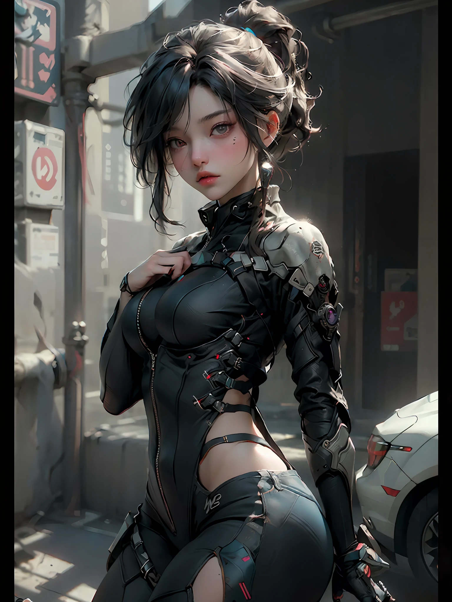 ((Best Quality)), ((Masterpiece)), (Detail: 1.4), 3D, A Beautiful Cyberpunk Female Figure, HDR (High Dynamic Range), Mechanical Body, Ray Tracing, NVIDIA RTX, Super-Resolution, Unreal 5, Subsurface Scattering, PBR Textures, Post Processing, Anisotropic Filtering, Depth of Field, Maximum Sharpness and Sharpness, Multi-layer Textures, Albedo and Highlight Maps, Surface Coloring, Accurate simulation of light-material interactions, perfect proportions, Octane Render, two-color light, large aperture, low ISO, white balance, rule of thirds, 8K RAW,