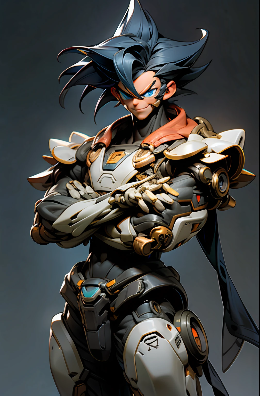 (masterpiece, best quality: 1.2), cowboy shooting, strong, muscular, solo, male approach, 1boy, vegetto, smile, looking at the viewer, crossed arms, black hair, spiked hair, blue eyes, dougi, white gloves, pectorals, desert background, levitating stones. Dark_Fantasy, Cyberpunk,, 1man, mechanical wonder, robotic presence, cybernetic guardian,