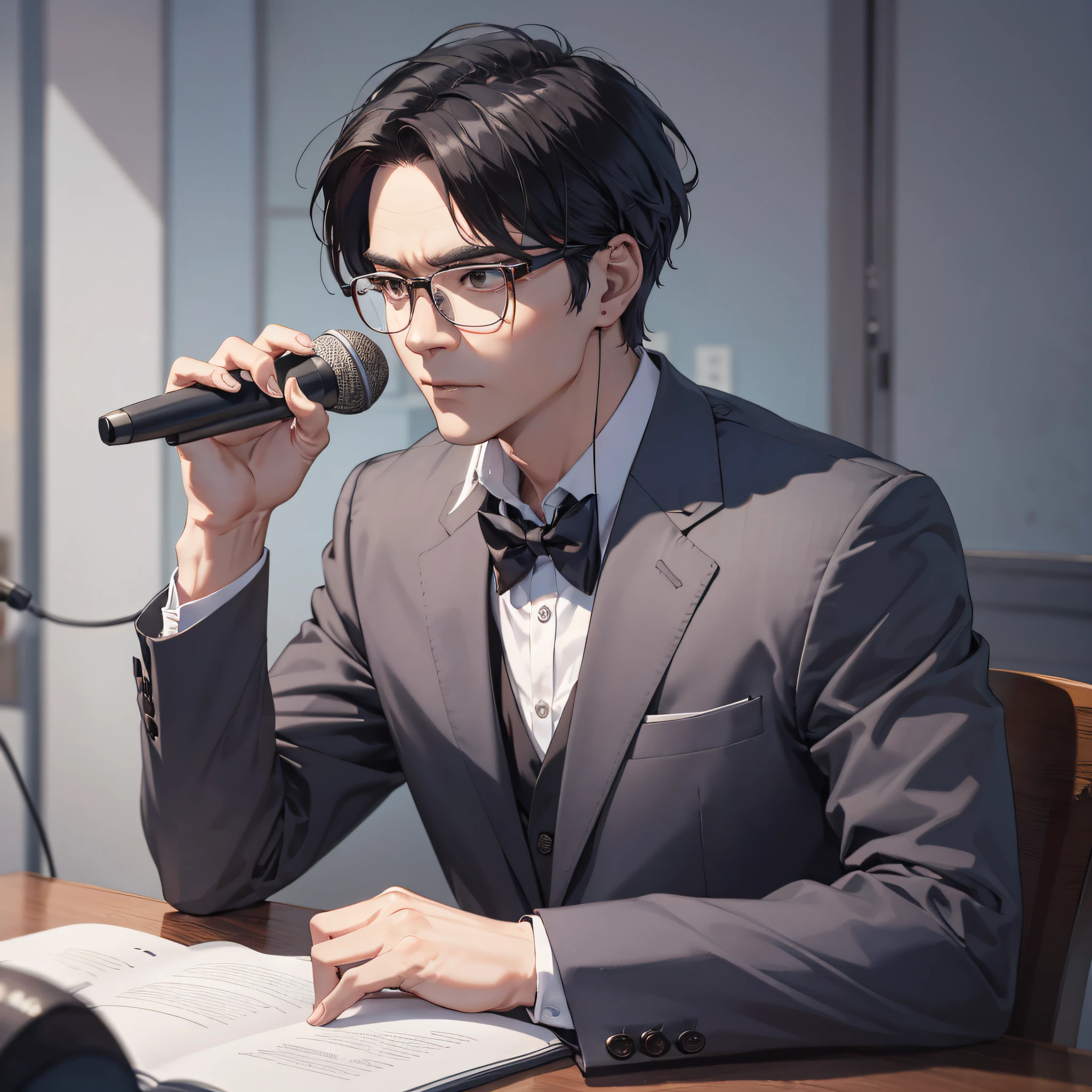 Absurd resolution, high resolution, (master masterpiece: 1.4), hyper-detailed, talk show commentator, middle-aged male professor Yi Zhongtian in a suit, wearing glasses, sitting, holding a microphone, serious expression