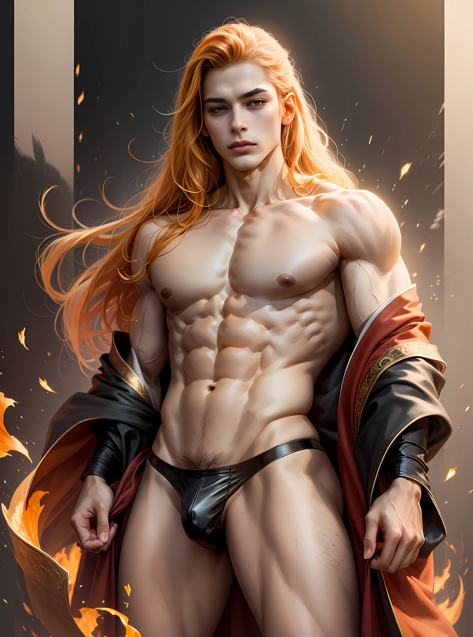 (hyper-realistic digital illustration), (perfect face:1.1), (high detail:1.1) like a renaissance sculpture, extremely handsome male, (naked body), wearing micro black tiny g-string, see-through black thong, mage long red robes, clean shaved, front view, lying on his back, holding legs raised, athletic body, (white skin), bare chest, flat chest,(long orange hair scruffy ), serene expression, small waist, muscular. best quality, high-resolution