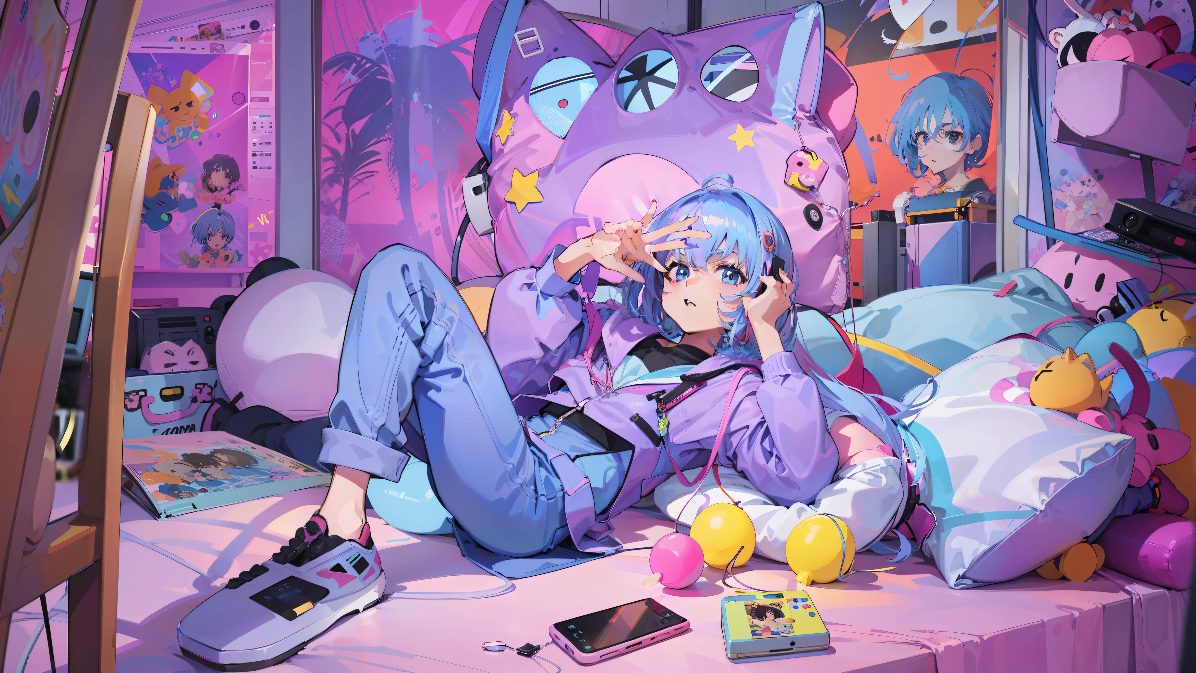 anime - style picture of a woman laying on a bed with a remote control, 8 0 s anime vibe, 8 0 s anime style, 9 0 s anime aesthetic, 9 0 s anime style, 90s anime style, 8 0 s anime art style, 9 0 s anime art style, in the art style of 8 0 s anime