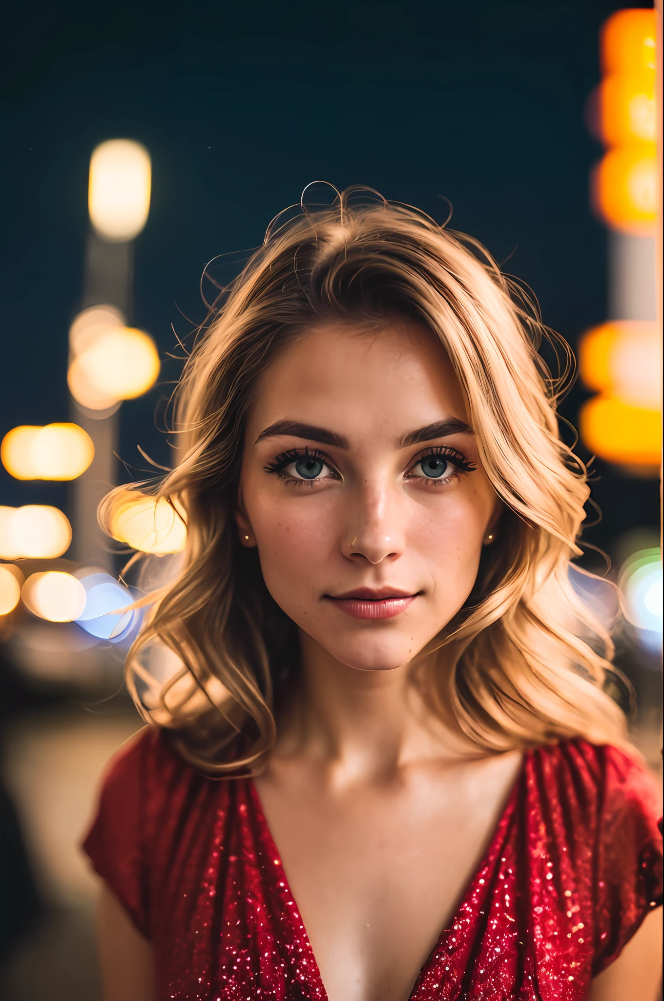 RAW uhd closeup portrait of a 24-year-old blonde, natural blonde hair, locks, wavy, (brown-eyed woman) in an apartment, new york background, night starry sky, ,breasts naturais_b, city night background, (red summer dress), (neckline), detailed (textures!, hair!, brightness, color!, imperfections:1.1), highly detailed bright eyes, (looking at the camera),  specular lighting, dslr, ultra quality, sharp focus, sharp, dof, film grain, (centered), Fujifilm XT3, crystal clear, center of frame, cute face, sharp focus, light pole, neon lights, bokeh, (dimly lit), low key, at night, (night sky)