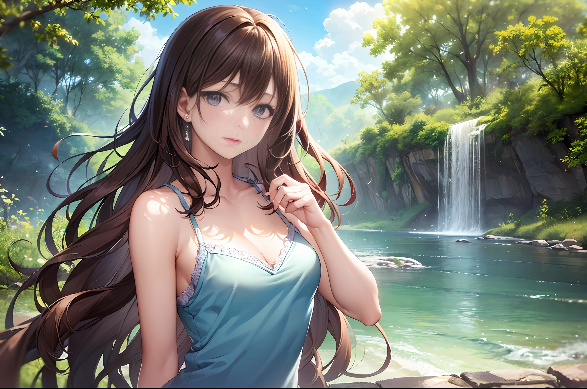 masterpiece,ultra realistic,extremely detailed CG unity 8k wallpaper, best quality, (wind:1.2),
lady, (skyblue buttoned shirt, denim, camisole:1.1), (long hair, braided hair, brown hair), (in the riverbank:1.2), small breast, summer day, clavicle, cleavage,