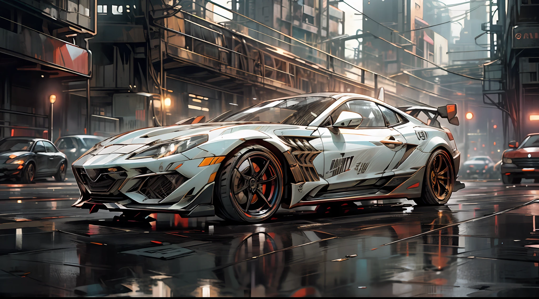 Sports cars chasing, buildings shimmering under neon lights, midnight urban cyberpunk style, mirrors reflecting rain on the ground, the picture is full and delicate, showing the best quality and high level of detail.