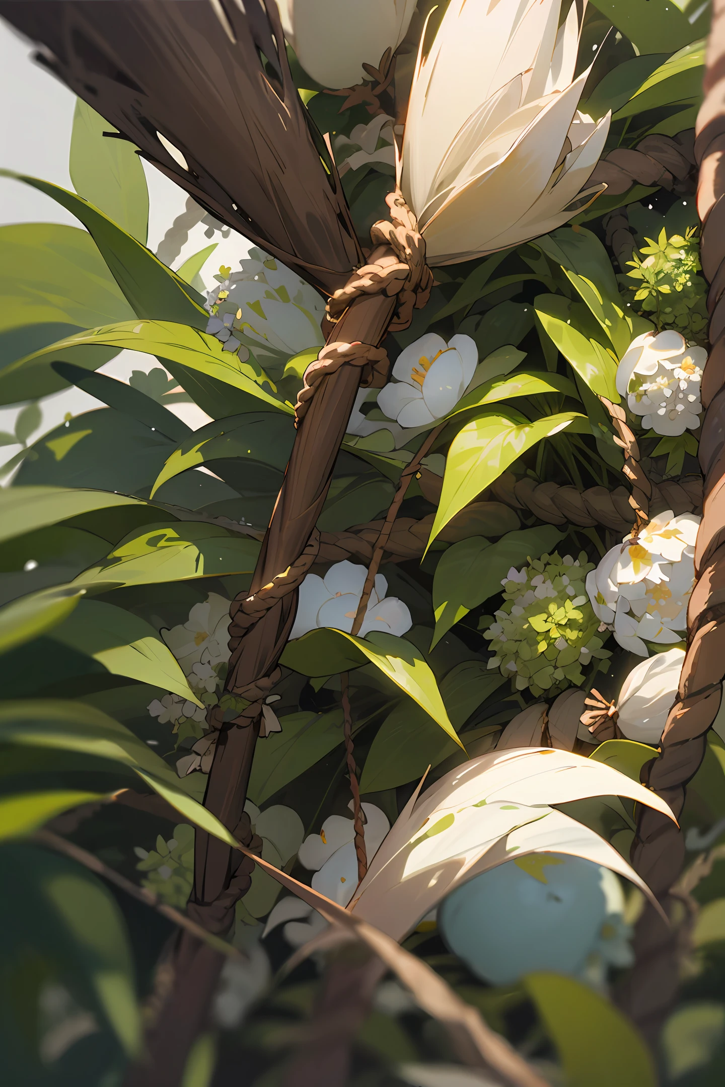 Herbs, leaves, flowers, together wrapped in a rope, forming a broom