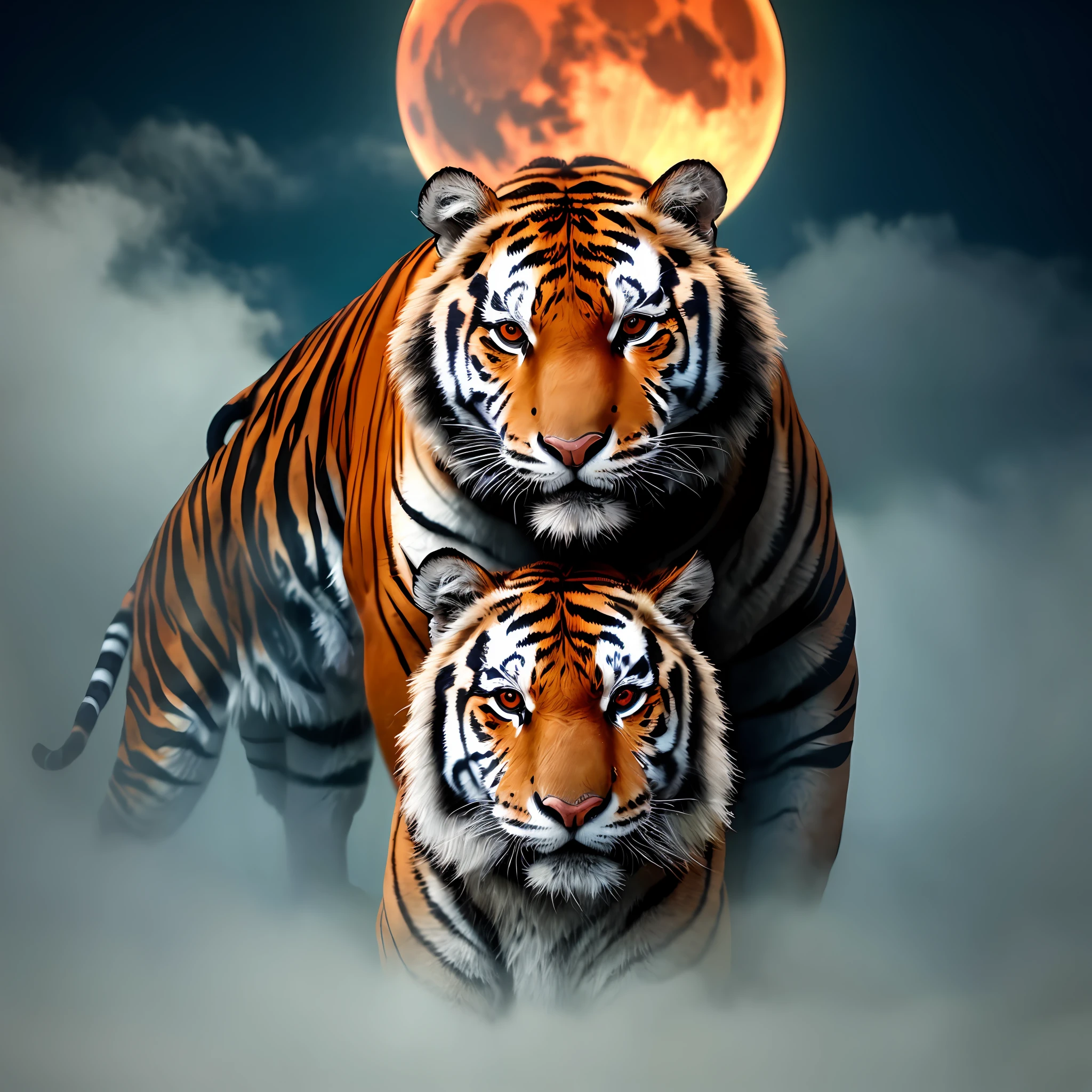 Best quality, masterpiece, monster, god, sacred, fog, big red bleeding eyes and blood moon as background, elden ring, tiger