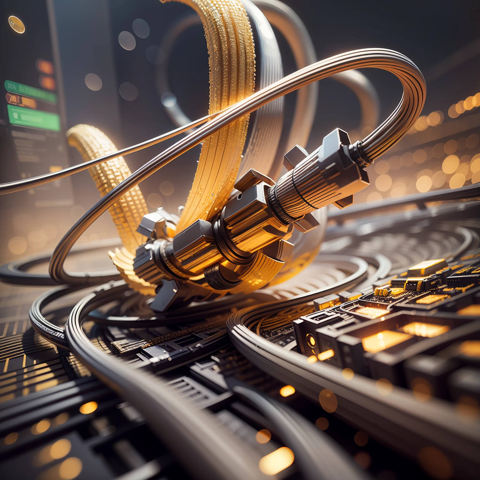 silver and gold optical cables in hypergrid multilayer nanotech CPU formations, blender rendering, 3d tone mapping, edge lighting glass dispersions, new media digital art