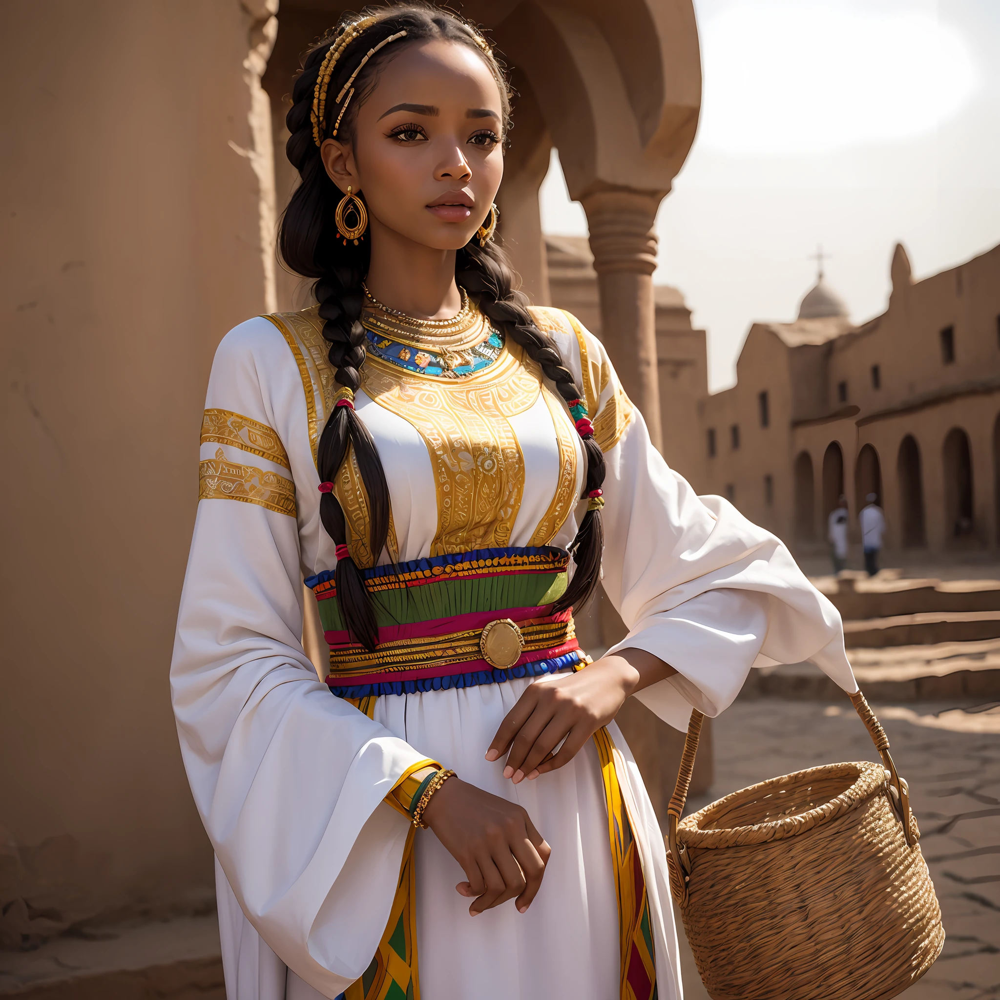 Outfit: A traditional white Ethiopian dress called a habesha kemis, adorned with colorful embroidery.
Props: A woven basket filled with injera, a traditional Ethiopian flatbread, representing the country's culinary heritage.
Makeup: Subtle and natural makeup, with a focus on enhancing the eyes, reflecting Ethiopian beauty standards.
Hairstyle: Elaborate braided hairstyle with intricate patterns, decorated with colorful beads, symbolizing Ethiopia's diverse cultural traditions.
Expression: A serene and wise expression that reflects the ancient history and wisdom of Ethiopia.
Background Design: A backdrop featuring the rock-hewn churches of Lalibela, representing Ethiopia's rich religious and architectural heritage --auto