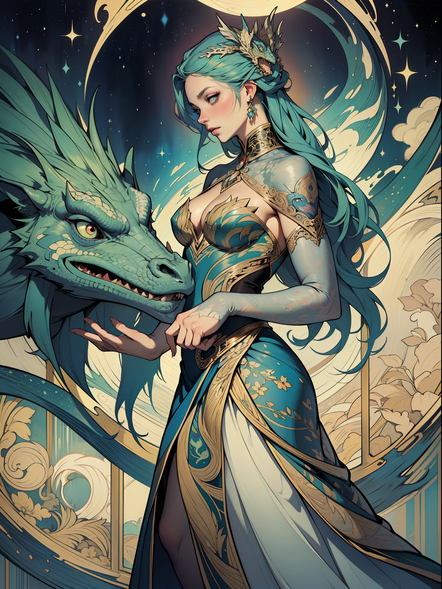 Mother of Dragons, acrylic on silk, ink drips, thick strokes, abstract lady portrait, by Ray Caesar, multicolored chameleon highly detailed scales, s, long dress, intricate pose, highly detailed, filigree, intricate, Art Nouveau, High fashion, Van Gogh Starry Sky