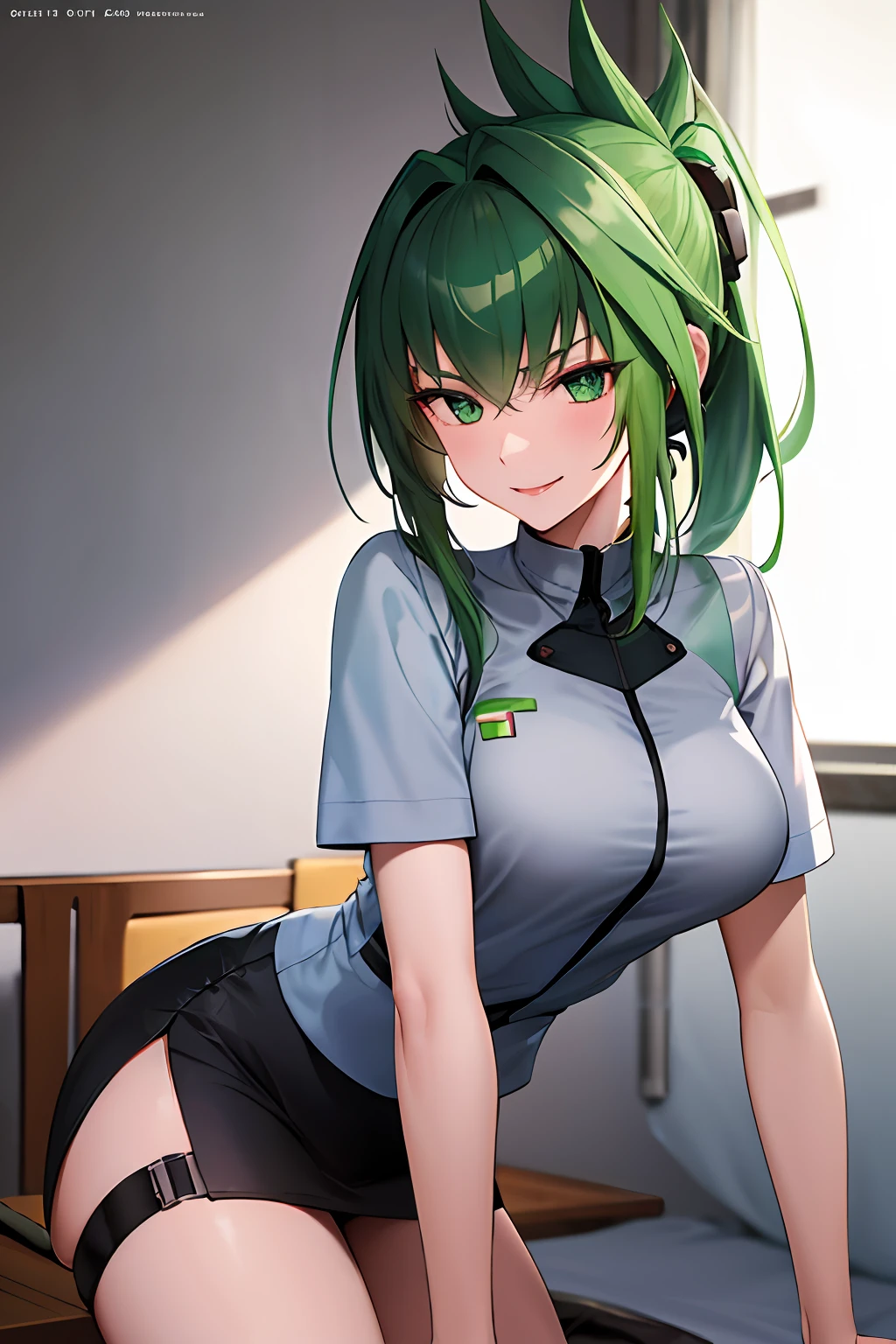 Masterpiece, Best Quality, High Resolution, One Girl, Evil Smile, Evil Smile, Evil Plan, Green Hair, Black Nurse Clothes, Folded Ponytail, Green Eyes, Mini Skirt, Tao Jun, Big, Hospital Room