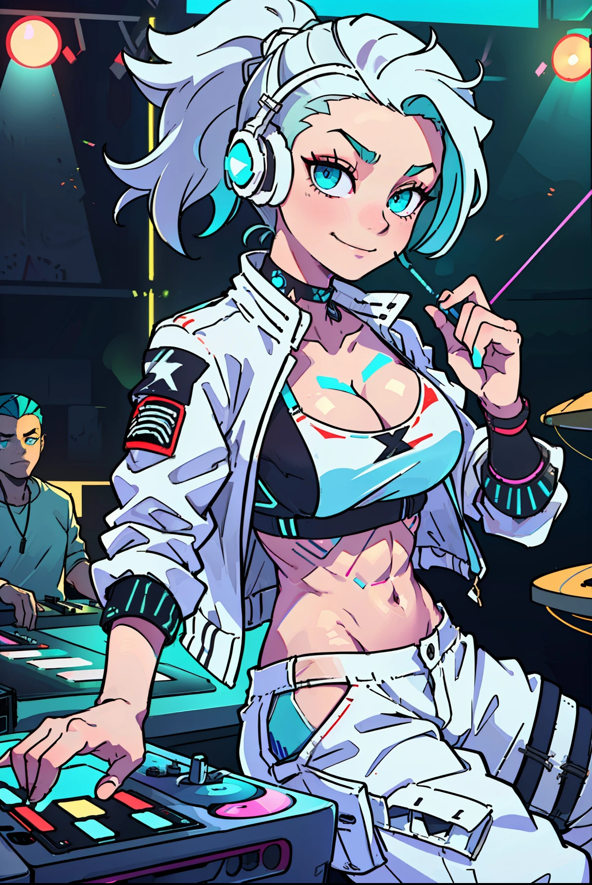 (tomboy woman DJing on turntables on stage at EDM festival:1.3), EDM event lighting effects, on stage in front of crowd, giant futuristic screens in background, neon room, (white cropped jacket:1.1), (vivid glowing blue eyes:1.2), (white hair:1.2), (cyan streaks in hair:1.2), high ponytail, (cocky smirk:1.2), (abs:1.2), rave lights, (lasers in background:1.2), glowing light strips on clothes, slim build, looking at viewer, giant speakers in background, beautiful glossy reflective detailed eyes, (high leg panties:1.2), (white cargo pants:1.3), (thin straps over hip bones:1.3), (hip straps:1.3), (side shave:1.3), (undercut:1.2), defined hip bones, cleavage, lean, headphones