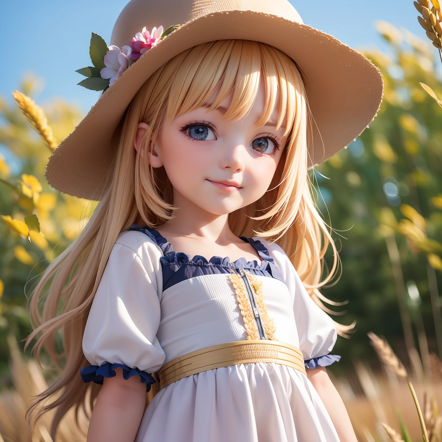 ((6year old girl:1.5)), 1 girl, loli, petite girl, complete , whole body, children's body, child, super cute, girl, little girl, beautiful girl,  beautiful shining body,
bangs,blond hair,high eyes,(aquamarine eyess), drooping eyes, petite,tall eyes, beautiful girl with fine details, Beautiful and delicate eyes, detailed face, Beautiful eyes, beautiful shining body, 
Smiles, happiness, 
wheat fields,horizon,(golden wheat fields),
Sorochka white blouse,Sorochka,Embroidery, ukraine, blue yellow,natural light,((realism: 1.2)), dynamic far view shot,cinematic lighting, perfect composition, by sumic.mic, ultra detailed, official art, masterpiece, (best quality:1.3), reflections, extremely detailed cg unity 8k wallpaper, detailed background, masterpiece, best quality, (masterpiece), (best quality:1.4), (ultra highres:1.2), (hyperrealistic:1.4), (photorealistic:1.2), best quality, high quality, highres, detail enhancement,