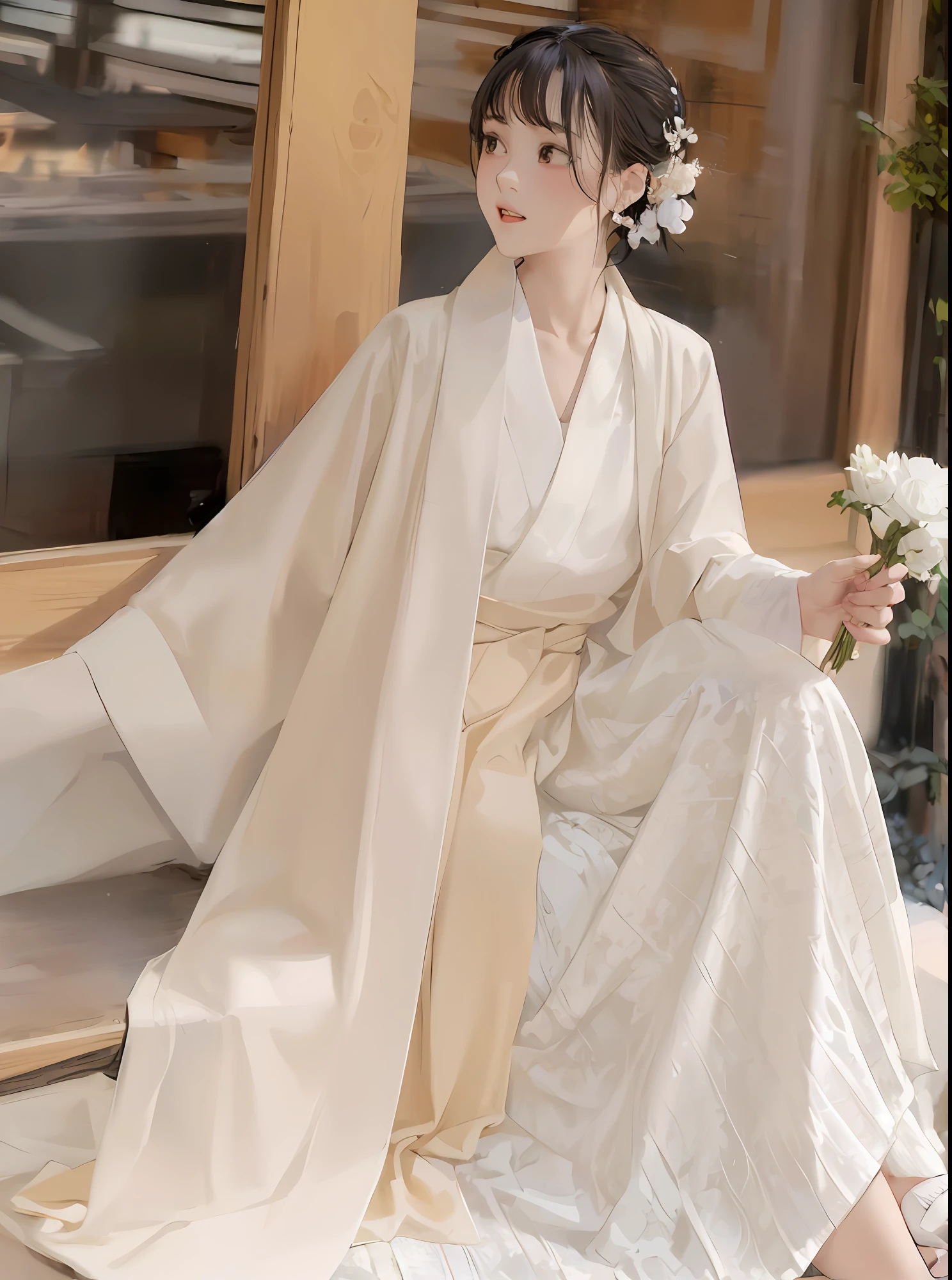 woman in white kimono sitting on steps with flowers in hand, white hanfu, hanfu, pale and coloured kimono, long beautiful flowing kimono, wearing simple , long flowing white robe, traditional chinese clothing, flowing white robeswing magical robe, dressed with long fluent clothes, wearing ancient chinese clothes, wearing a long flowing robe, classic kimono, wearing white silk robe