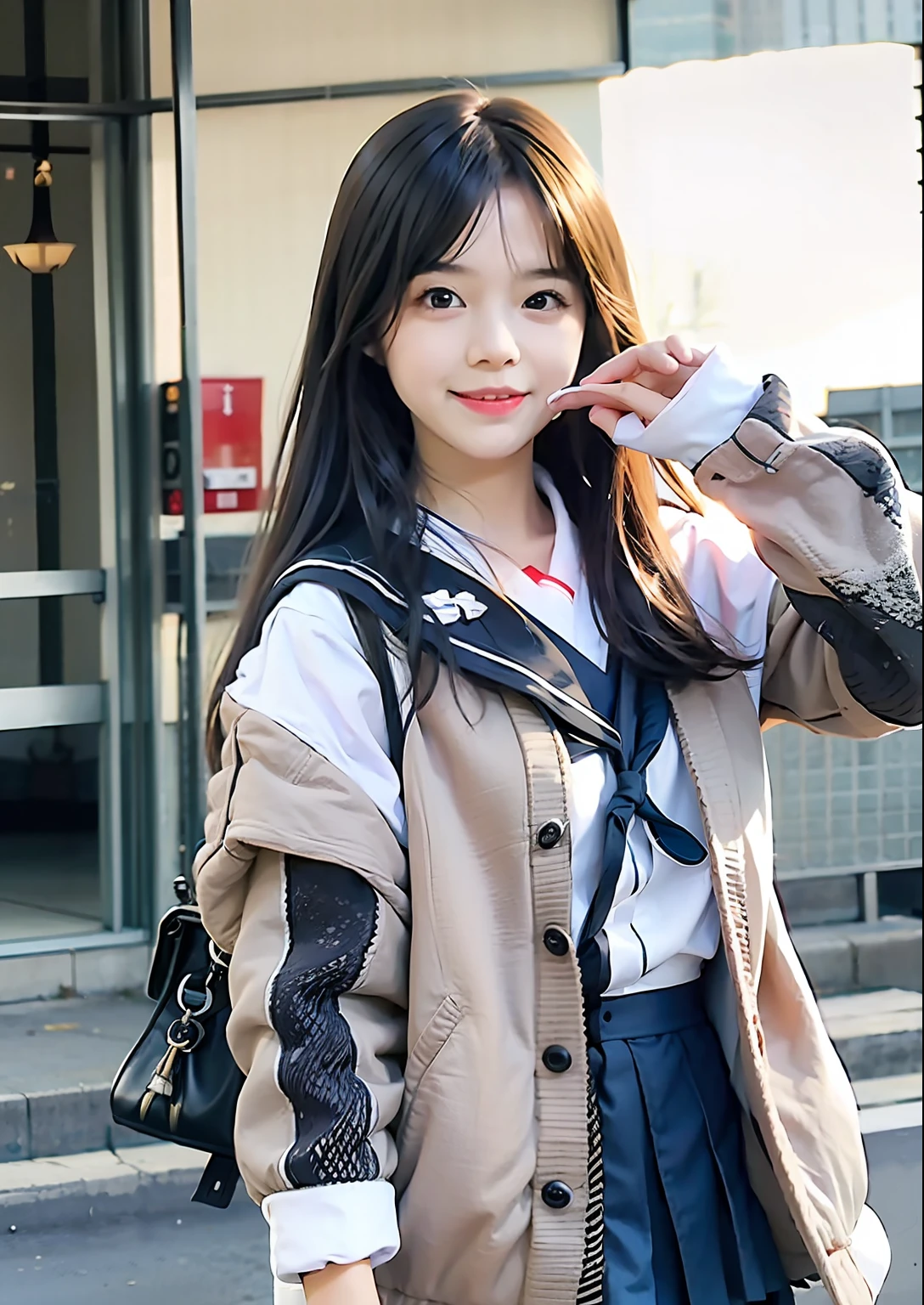 A young girl in school uniform poses for a photo, loose jacket collar sailor uniform, japanese girl school uniform, a japanese schoolgirl pose, japanese school uniform, wearing a japanese school uniform, a beautiful anime girl, ulzzang, popular in CGSTATION, cute cute, magical schoolboy uniform, jk uniform, cute girl, cute cute sailor uniform
