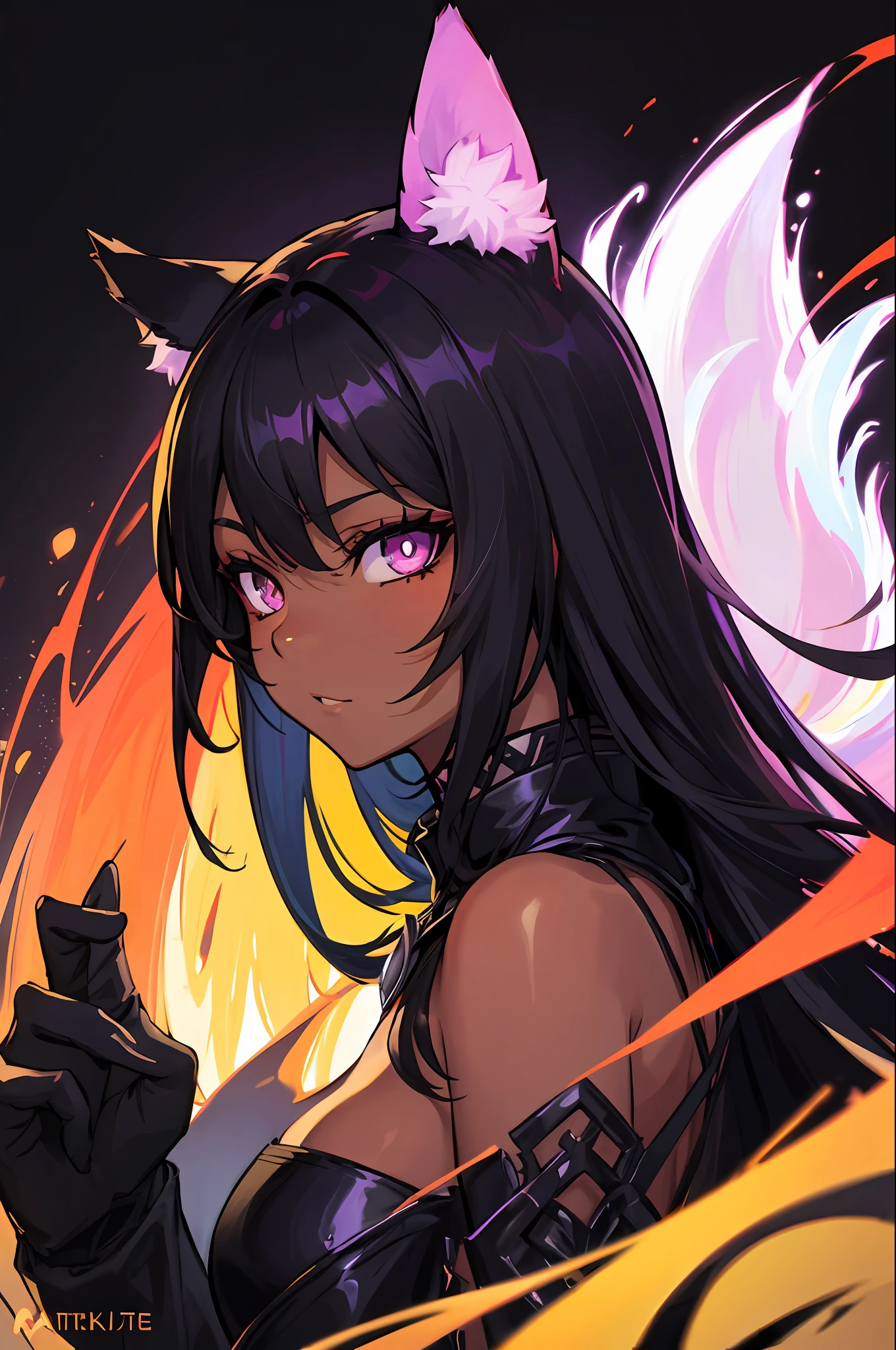 Anime Style Portrait of a sexy, African catgirl, with Jet-black Hair, purple eyes, dark-skinned, black cat ears, 1tail, perfect composition, hyper-detailed, 8K, high quality, perfect eyes, trending art, trending on artstation, sharp focus, studio photo, intricate details, by Tite Kubo