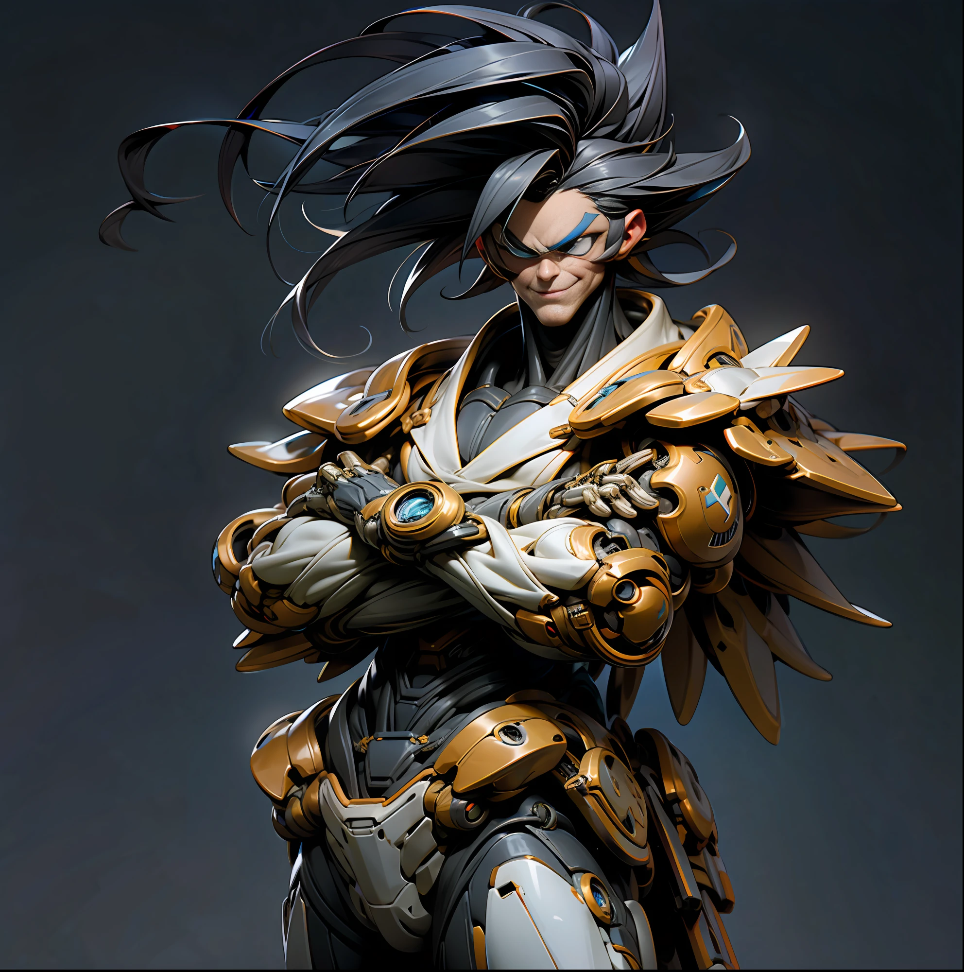 (masterpiece, best quality: 1.2), cowboy shooting, strong, muscular, solo, male approach, 1boy, vegetto, smile, looking at the viewer, crossed arms, black hair, spiked hair, blue eyes, dougi, white gloves, pectorals, desert background, levitating stones. Dark_Fantasy, Cyberpunk,, 1man, mechanical wonder, robotic presence, cybernetic guardian,