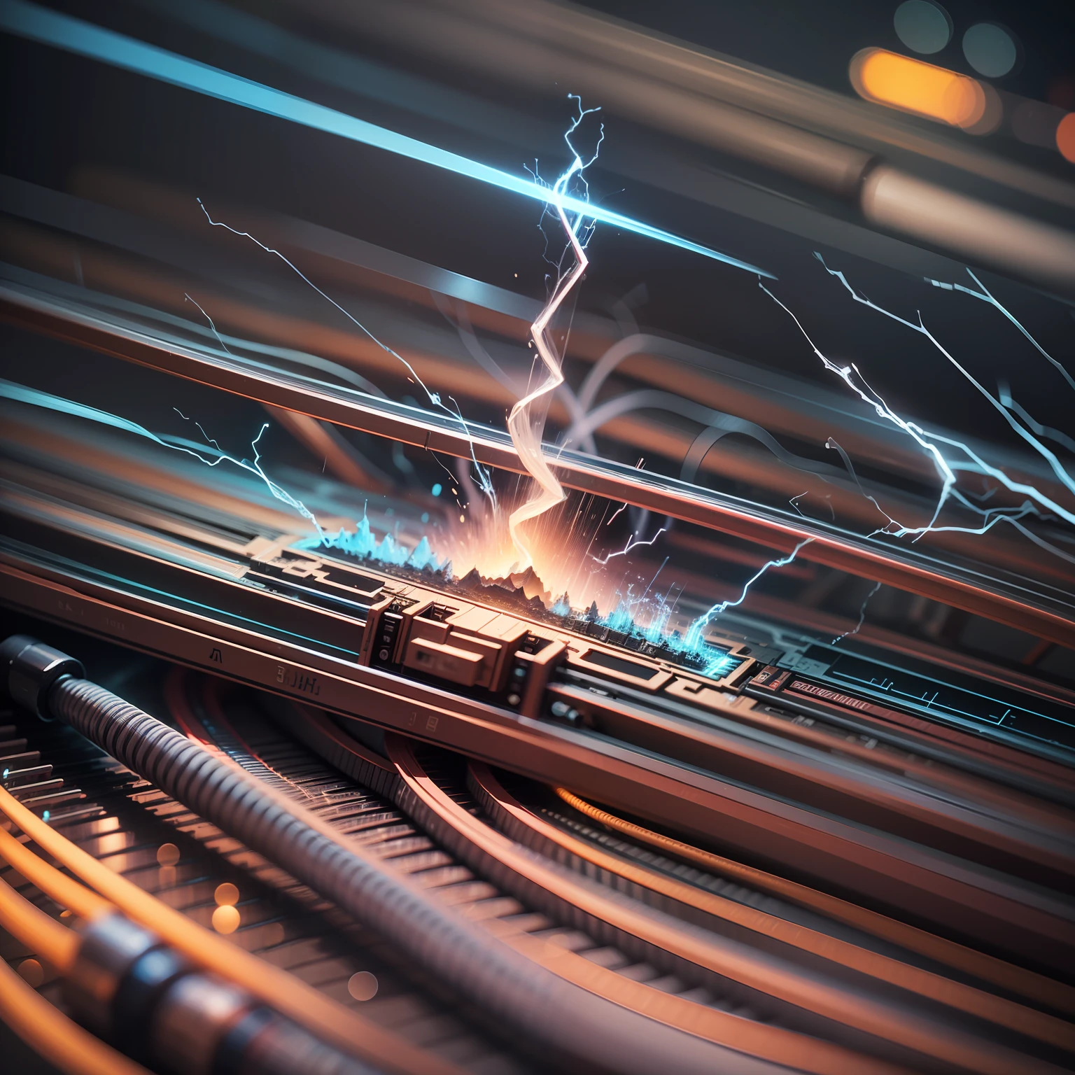electric optical cables in hypergrid multilayer nanotech CPU formations, blender rendering, 3d tone mapping, edge lighting glass dispersions, new media digital art