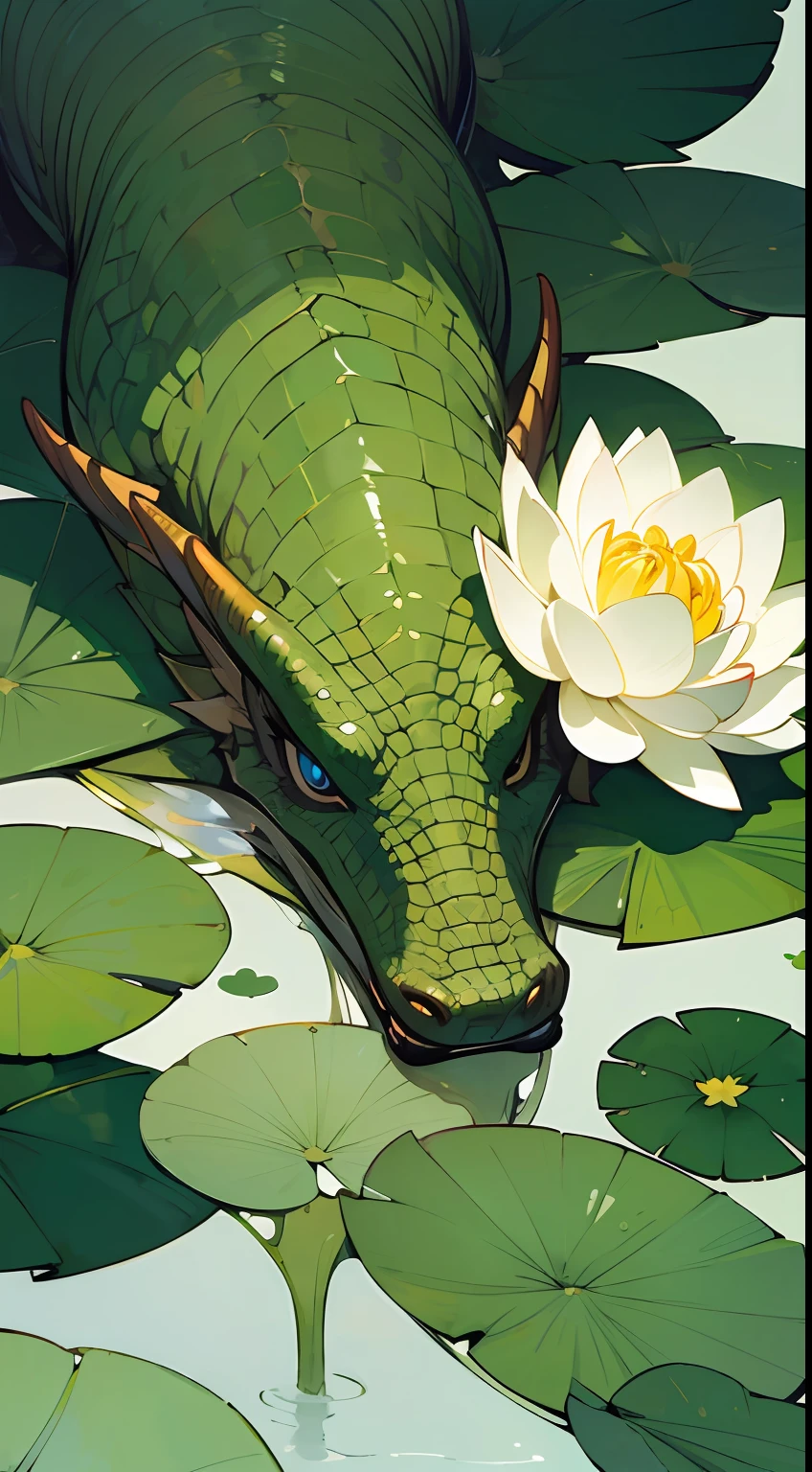 (Summer Lotus Leaves and Flowers), (Watercolor), (Eyes and Green Dragon), (Fashion), (Simple Background) --auto
