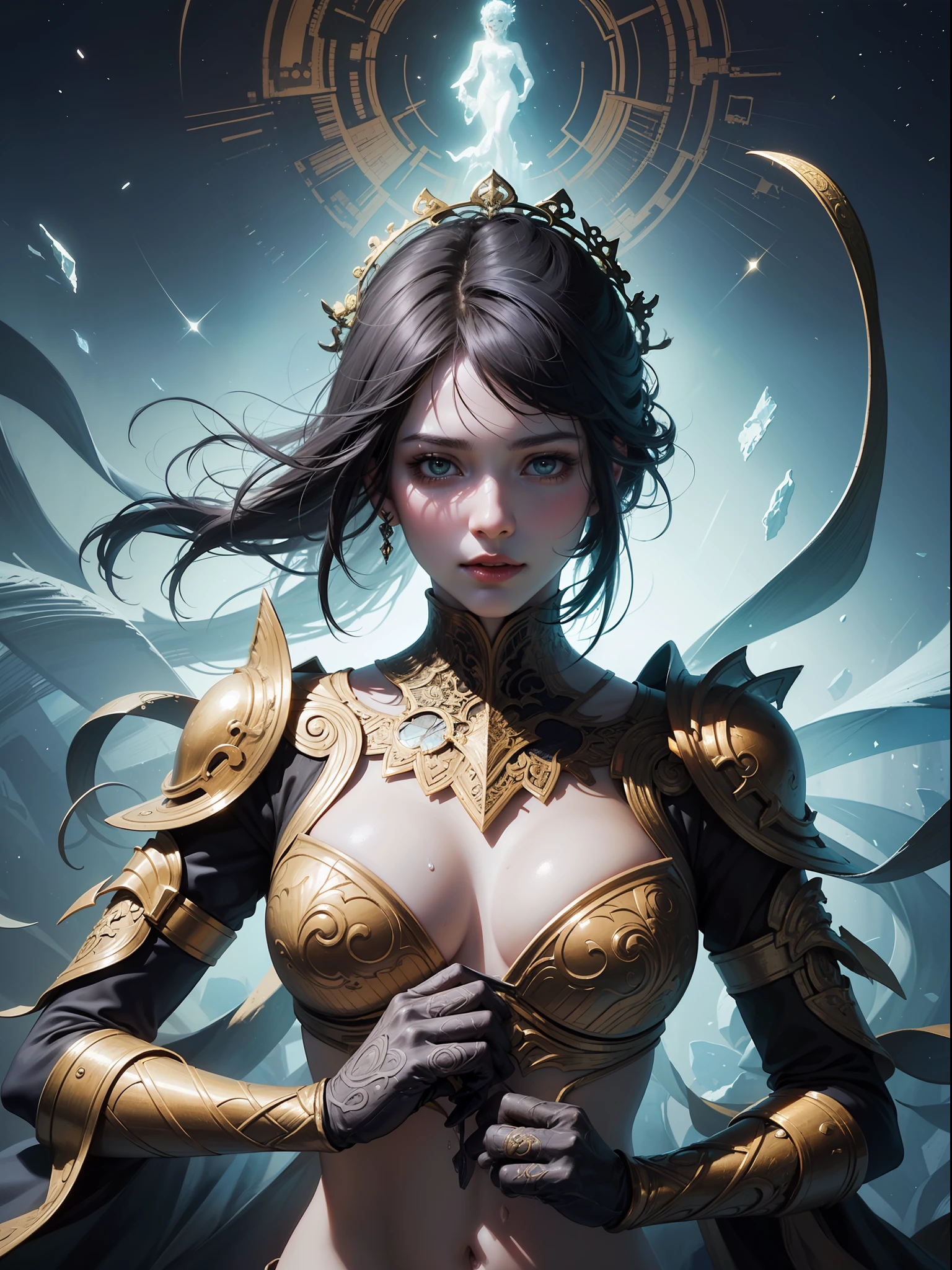((Best Quality, 8k, Masterpiece: 1.3)) Beautiful Woman: 1.3, Beautiful Face, Crawling Saturated Colors, Psychedelic Images, LSD, Mandala, Fractals, Clothing, Tattoos, Painted Body, Body Tilted Forward, Similar to Alex Gray's Art, Lots of Color Saturation, Swirls, Surreal, Planet Earth, Galaxies, Lots of Lighting, Shadows and Contrast, Role Play, Realistic Eyes, Green Iris, 3D Depth, Realistic Skin Texture, Detailed Sharp Scales, Colorful, fantasy art, artgerm ruan jia and greg rutkowski surrealist wet lacquer gold butterfly filigree art, broken glass