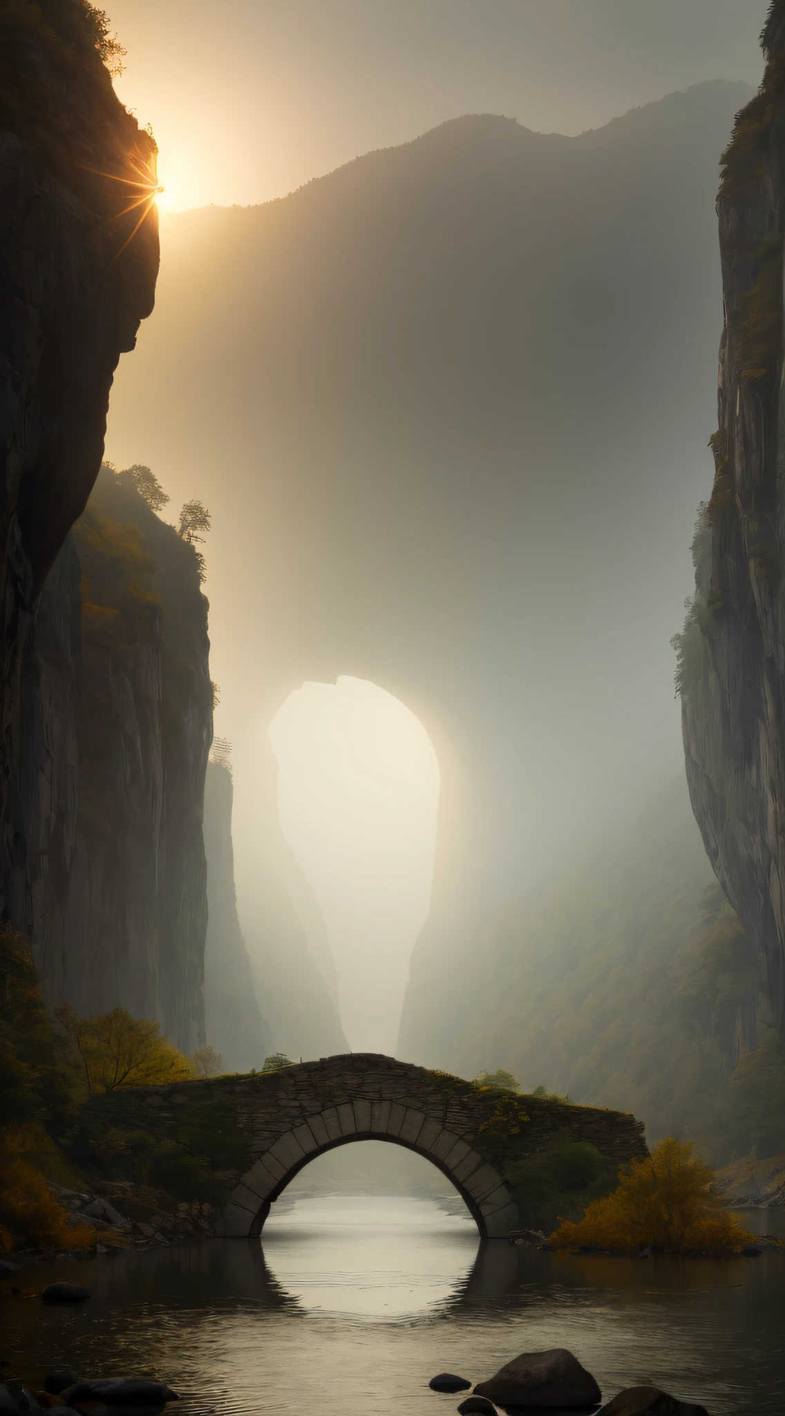 The Araffed Stone Bridge is over the river, There is fog and foggy sky, Mysterious fog light, Old Bridge, Golden fog, bashi, Hazy mood, Yellow fog, thin fog, thin fog, Soft light mist, Foggy at dawn, The winter mist surrounded her, Foggy weather, Dark and foggy mornings, hazy atmosphere, mystical setting, thick fog, Early morning, Surrealism, American propaganda poster, high detail, Surrealism, rococo style, high detail, chiaroscuro, cinematic lighting, sparkle, Fujicolor, textured skin, highres, best quality, 8k, UHD, retina, masterpiece, ccurate, anatomically correct, super detail, high details, high quality, award winning, best quality, highres, 8k --auto