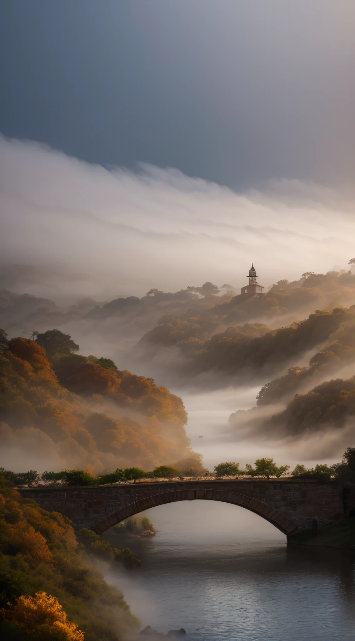 The Araffed Stone Bridge is over the river, There is fog and foggy sky, Mysterious fog light, Old Bridge, Golden fog, bashi, Hazy mood, Yellow fog, thin fog, thin fog, Soft light mist, Foggy at dawn, The winter mist surrounded her, Foggy weather, Dark and foggy mornings, hazy atmosphere, mystical setting, thick fog, Early morning, Surrealism, American propaganda poster, high detail, Surrealism, rococo style, high detail, chiaroscuro, cinematic lighting, sparkle, Fujicolor, textured skin, highres, best quality, 8k, UHD, retina, masterpiece, ccurate, anatomically correct, super detail, high details, high quality, award winning, best quality, highres, 8k --auto