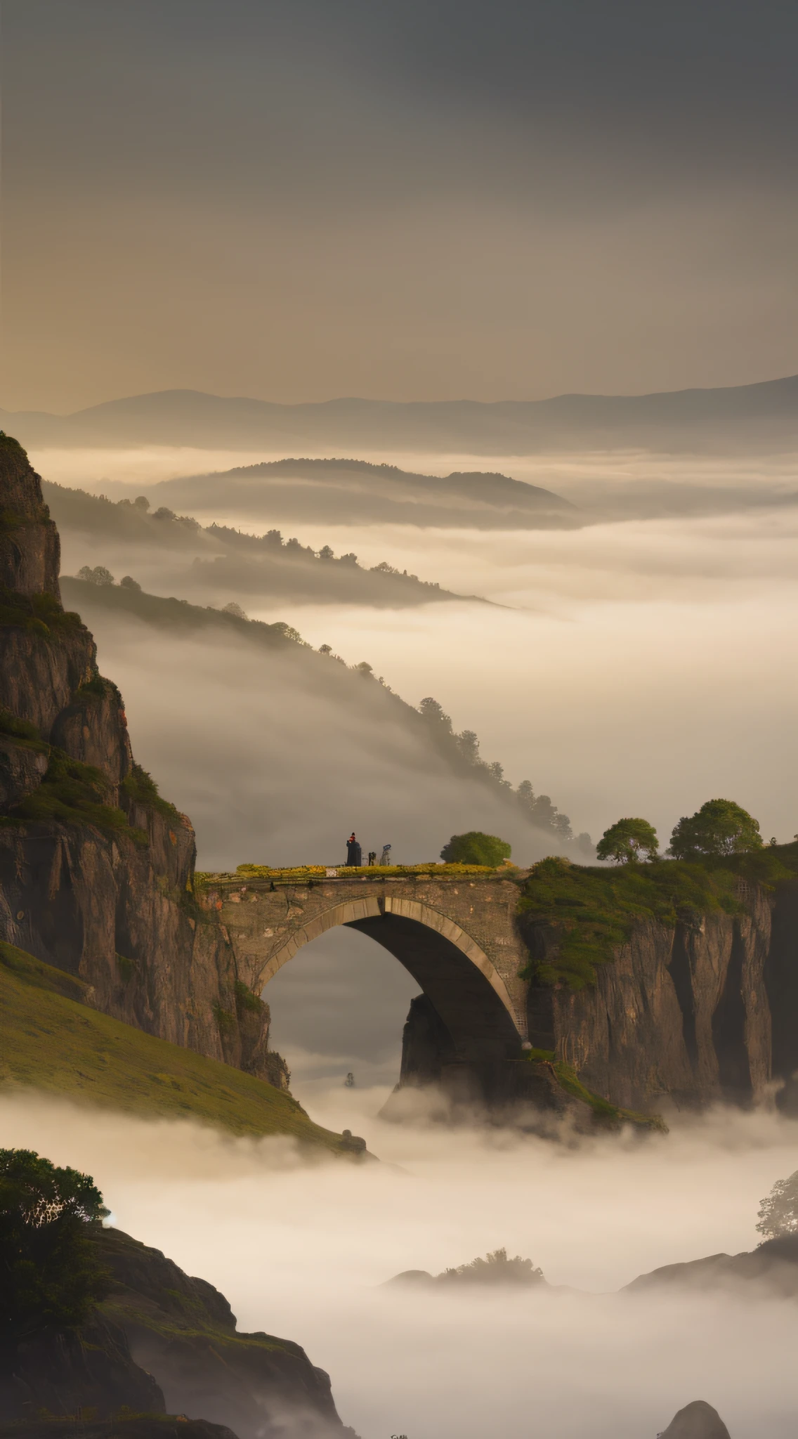 The Araffed Stone Bridge is over the river, There is fog and foggy sky, Mysterious fog light, Old Bridge, Golden fog, bashi, Hazy mood, Yellow fog, thin fog, thin fog, Soft light mist, Foggy at dawn, The winter mist surrounded her, Foggy weather, Dark and foggy mornings, hazy atmosphere, mystical setting, thick fog, Early morning, Surrealism, American propaganda poster, high detail, Surrealism, rococo style, high detail, chiaroscuro, cinematic lighting, sparkle, Fujicolor, textured skin, highres, best quality, 8k, UHD, retina, masterpiece, ccurate, anatomically correct, super detail, high details, high quality, award winning, best quality, highres, 8k --auto
