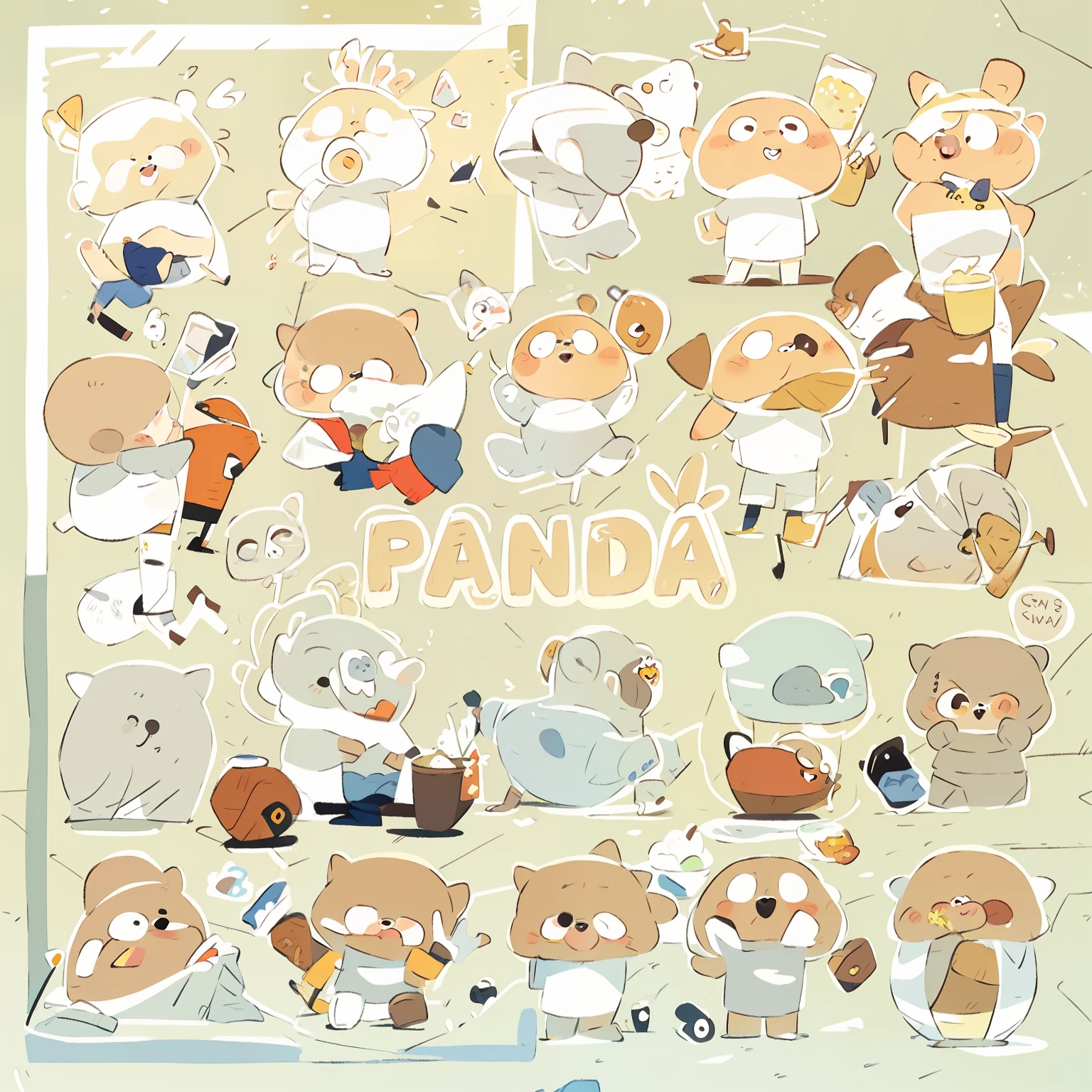 Giant pandas have different actions, winter scenes, various actions of giant pandas, gestures of the game, blue snow scenes, cute giant pandas, giant pandas playing in winter, put on clothes, four short giant pandas, moe, simple illustration style, put on winter clothes to play, a little more giant pandas, not adult pandas, dwarf, soak in hot springs