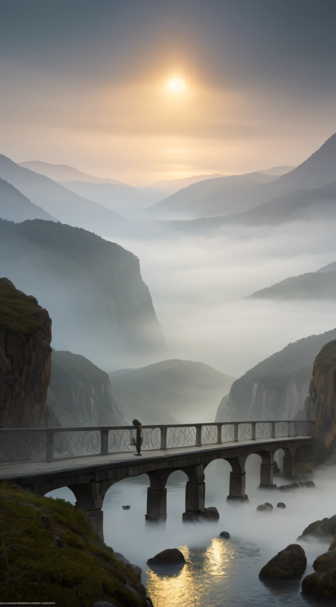 The Araffed Stone Bridge is over the river, There is fog and foggy sky, Mysterious fog light, Old Bridge, Golden fog, bashi, Hazy mood, Yellow fog, thin fog, thin fog, Soft light mist, Foggy at dawn, The winter mist surrounded her, Foggy weather, Dark and foggy mornings, hazy atmosphere, mystical setting, thick fog, Early morning, Surrealism, American propaganda poster, high detail, Surrealism, rococo style, high detail, chiaroscuro, cinematic lighting, sparkle, Fujicolor, textured skin, highres, best quality, 8k, UHD, retina, masterpiece, ccurate, anatomically correct, super detail, high details, high quality, award winning, best quality, highres, 8k --auto