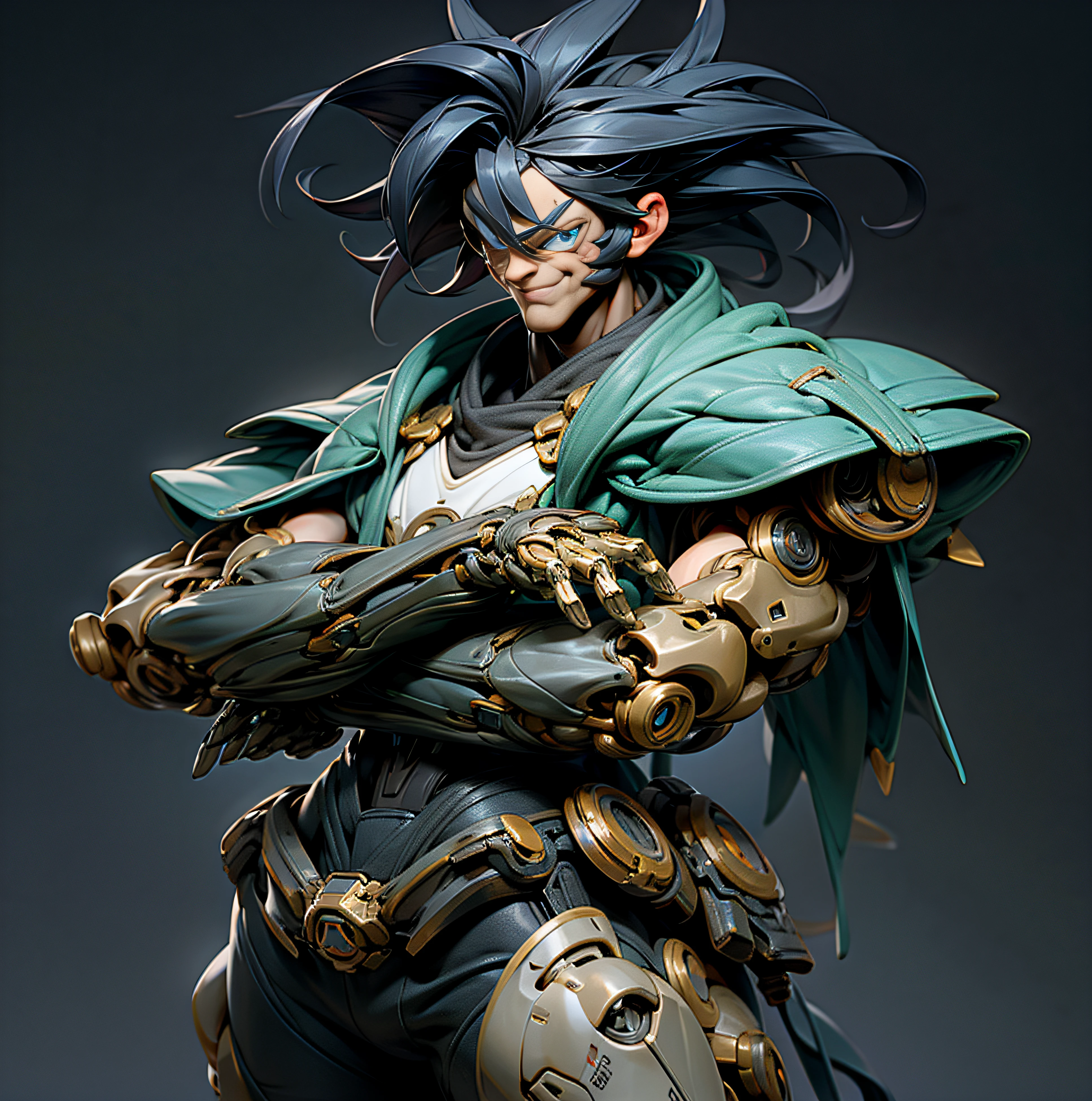 (masterpiece, best quality: 1.2), cowboy shooting, strong, muscular, solo, male approach, 1boy, vegetto, smile, looking at the viewer, crossed arms, black hair, spiked hair, blue eyes, dougi, white gloves, pectorals, desert background, levitating stones. Dark_Fantasy, Cyberpunk,, 1man, mechanical wonder, robotic presence, cybernetic guardian,