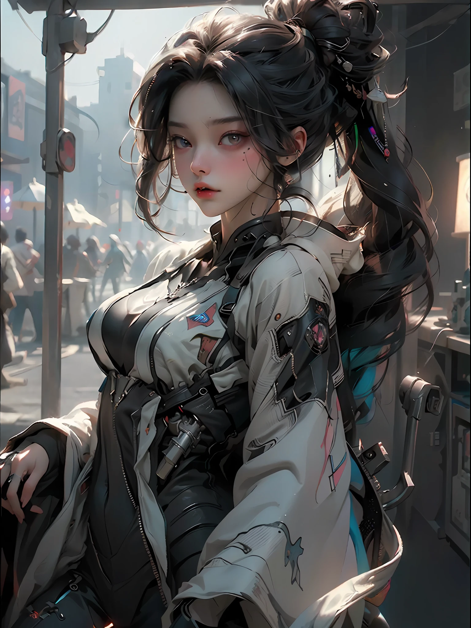 ((Best Quality)), ((Masterpiece)), (Detail: 1.4), 3D, A Beautiful Cyberpunk Female Figure, HDR (High Dynamic Range), Mechanical Body, Ray Tracing, NVIDIA RTX, Super-Resolution, Unreal 5, Subsurface Scattering, PBR Textures, Post Processing, Anisotropic Filtering, Depth of Field, Maximum Sharpness and Sharpness, Multi-layer Textures, Albedo and Highlight Maps, Surface Coloring, Accurate simulation of light-material interactions, perfect proportions, Octane Render, two-color light, large aperture, low ISO, white balance, rule of thirds, 8K RAW,