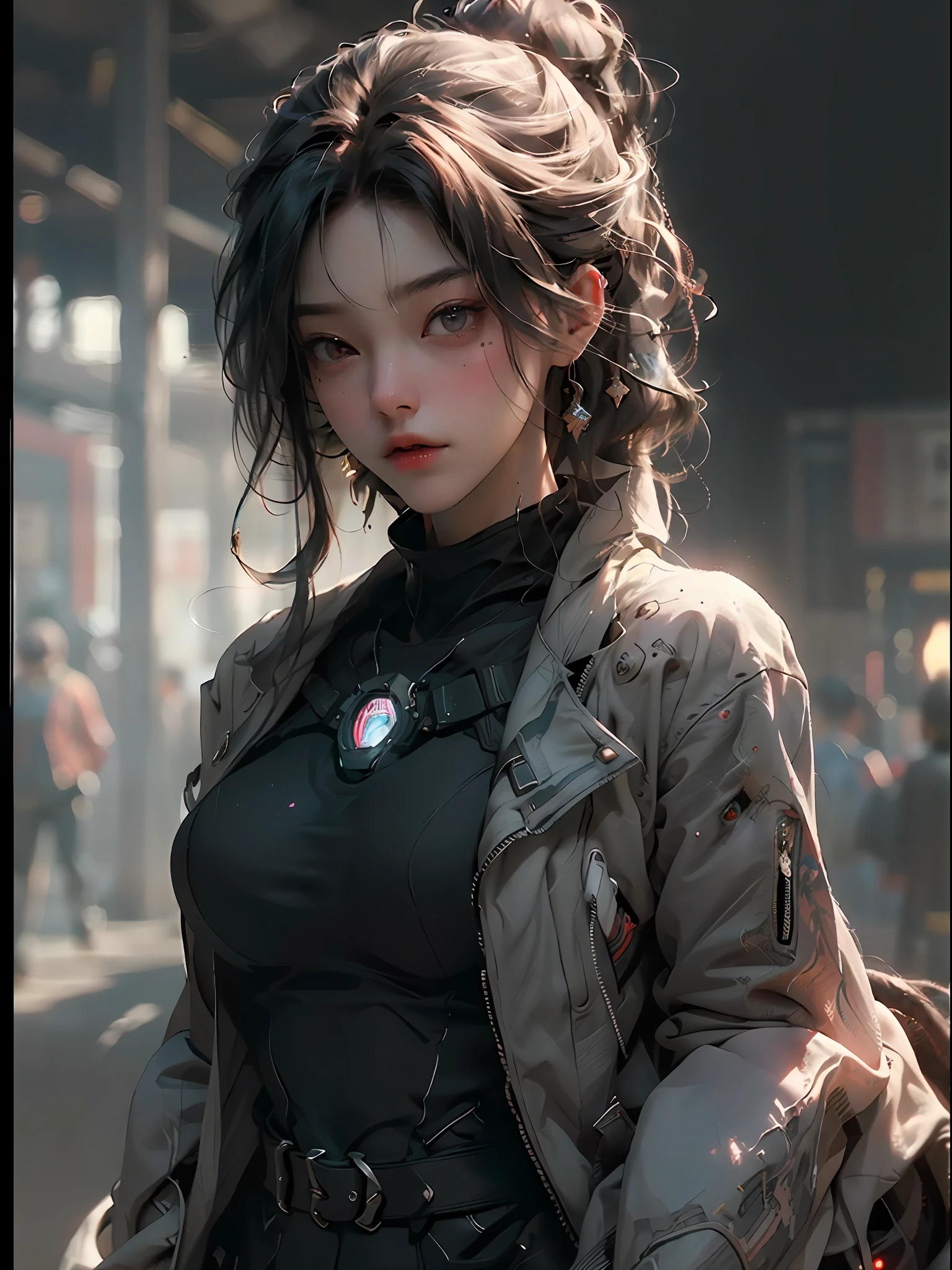 ((Best Quality)), ((Masterpiece)), (Detail: 1.4), 3D, A Beautiful Cyberpunk Female Figure, HDR (High Dynamic Range), Mechanical Body, Ray Tracing, NVIDIA RTX, Super-Resolution, Unreal 5, Subsurface Scattering, PBR Textures, Post Processing, Anisotropic Filtering, Depth of Field, Maximum Sharpness and Sharpness, Multi-layer Textures, Albedo and Highlight Maps, Surface Coloring, Accurate simulation of light-material interactions, perfect proportions, Octane Render, two-color light, large aperture, low ISO, white balance, rule of thirds, 8K RAW,