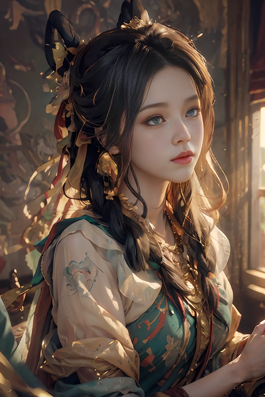 (RAW photo, best quality), (realistic, photo-realistic:1.3),best quality,highly detailed,masterpiece,ultra-detailed,illustration,1girl,upper_body,dynamic angle,world masterpiece theater,messy_long_hair,best quality,extremely detailed CG unity 8k wallpaper,ink,Amazing,cinematic lighting,lens_flare, dunhuang_style