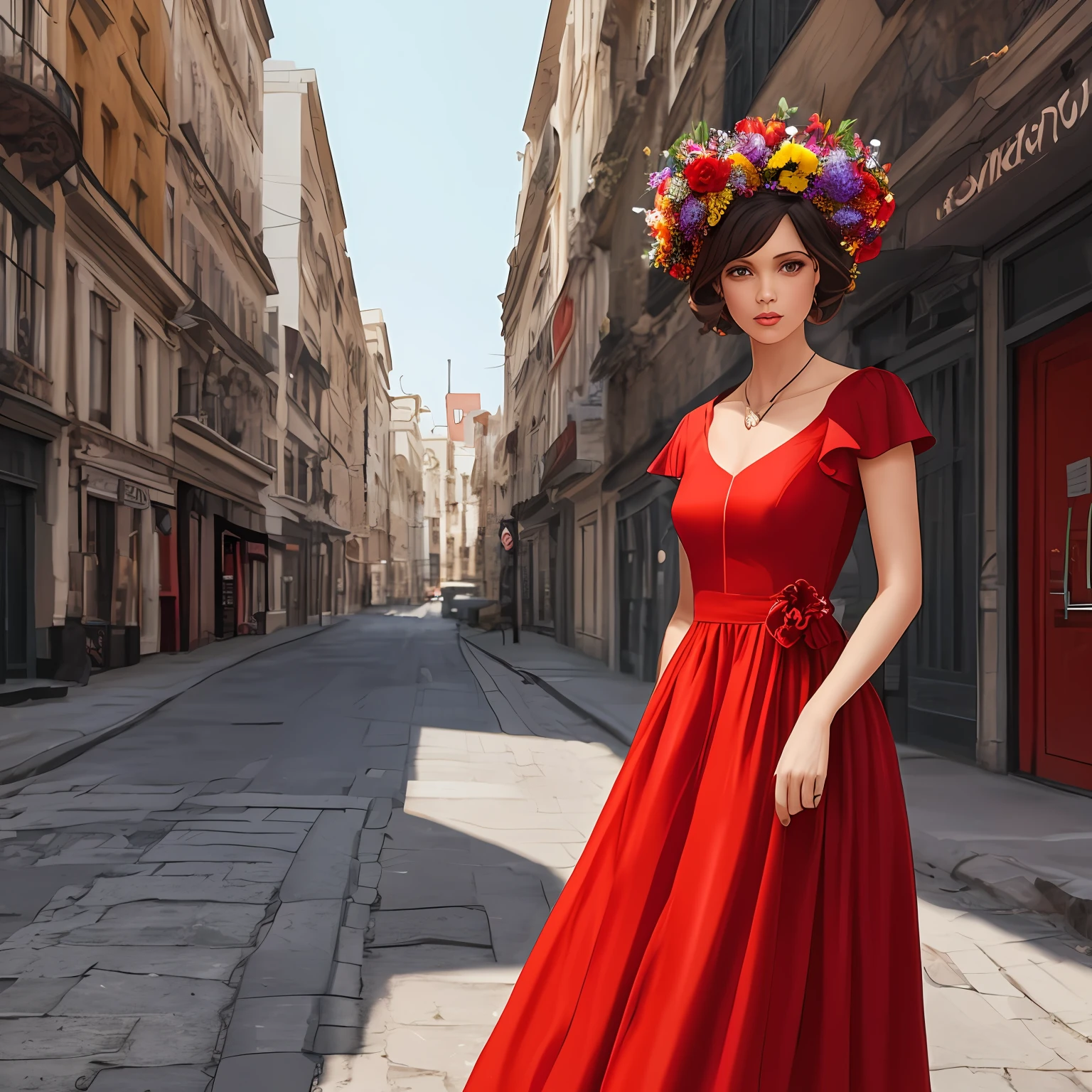 There was a woman with flowers on her head on the street, she was wearing a bright red dress, I could see the half-life of the woman, surrealist style, realistic style, retro style --auto