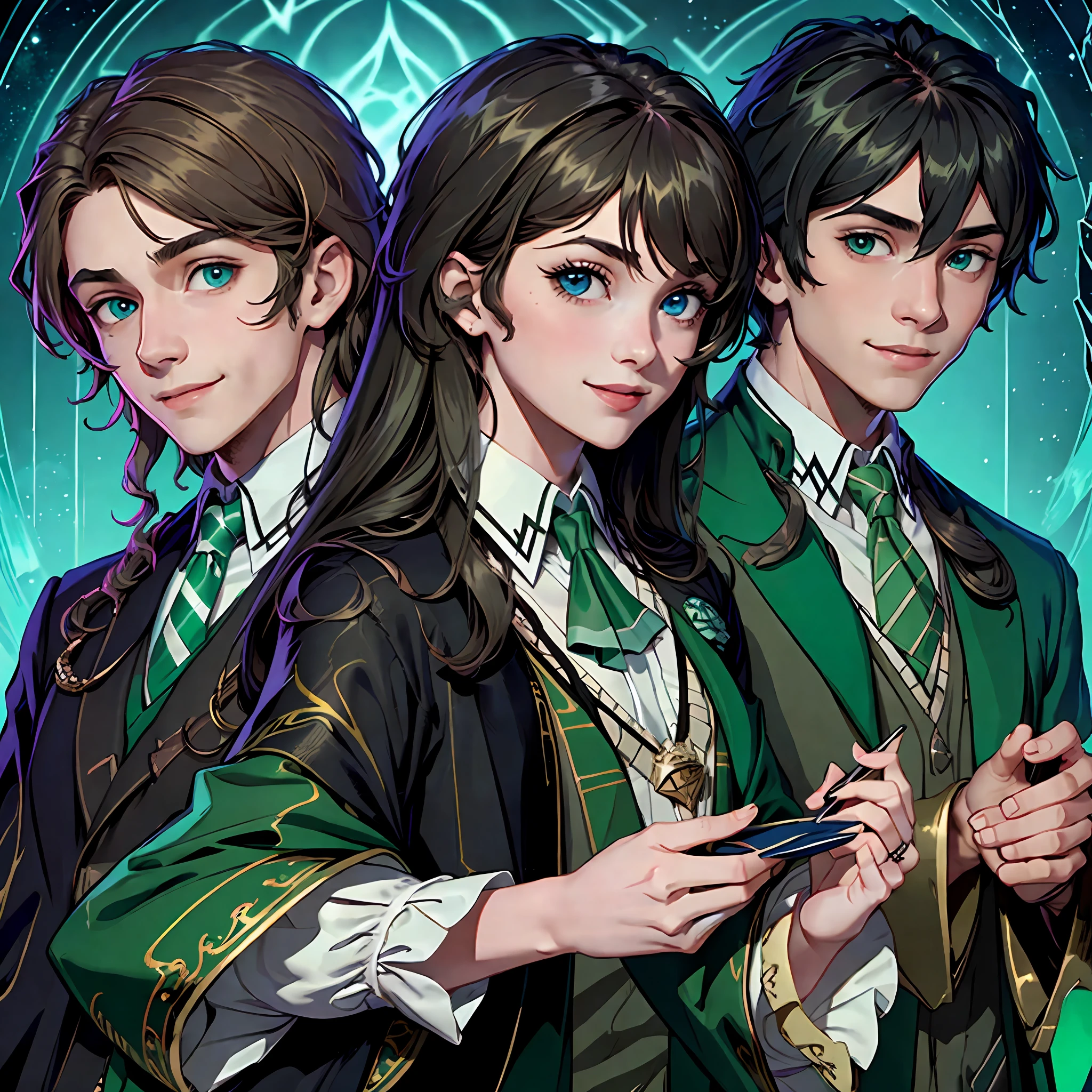 A black-haired girl with blue eyes ((17 abos)) and another gorgeous boy (green eyes: 08). ((17 years) Two wizards from Hogwarts School of Witchcraft and Wizardry, Slytherin House. They are smiling holding the various magics