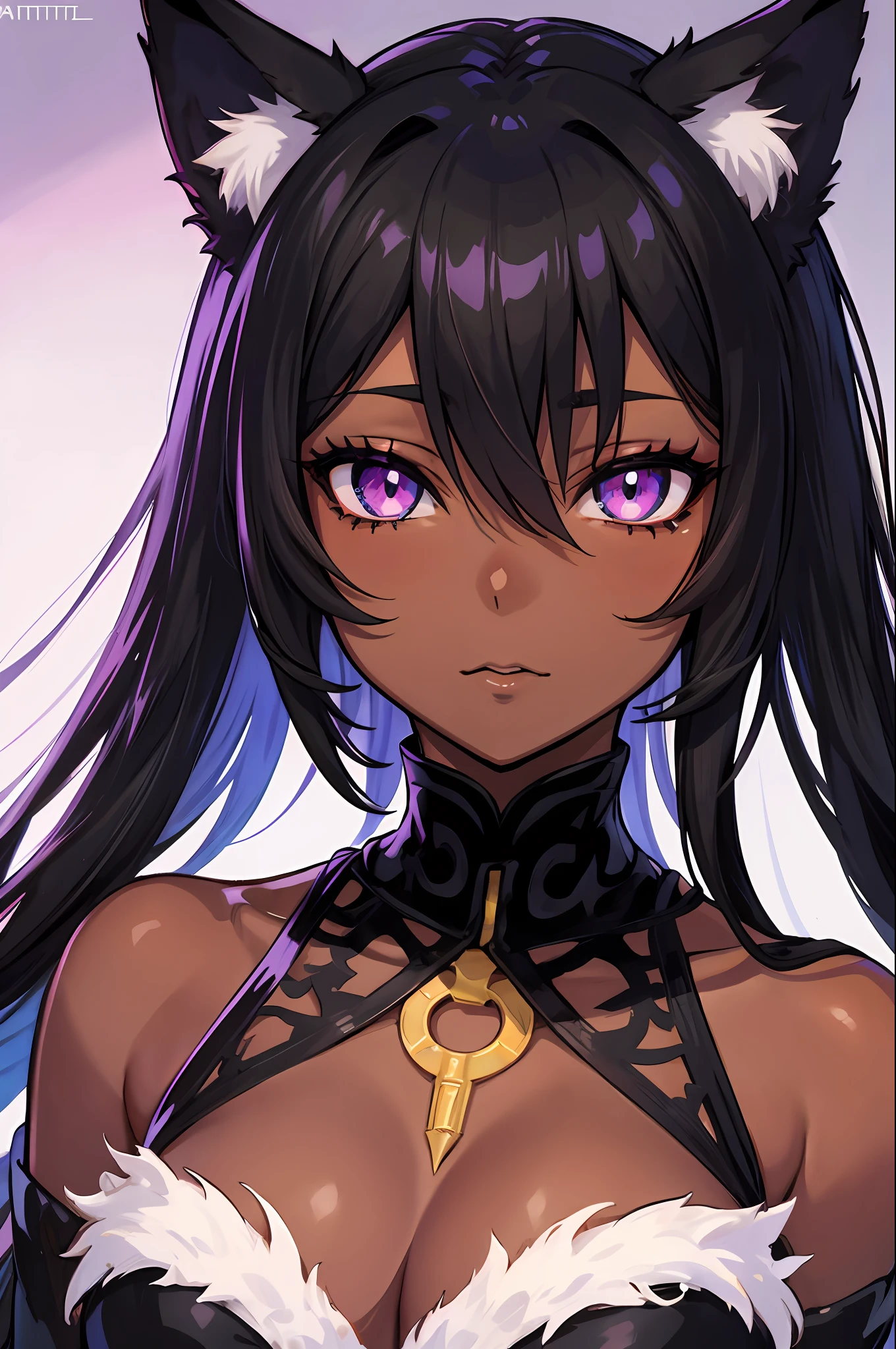 Anime Style Portrait of a sexy, African catgirl, with Jet-black Hair, purple eyes, dark-skinned, black cat ears, 1tail, perfect composition, hyper-detailed, 8K, high quality, perfect eyes, trending art, trending on artstation, sharp focus, studio photo, intricate details, by Tite Kubo