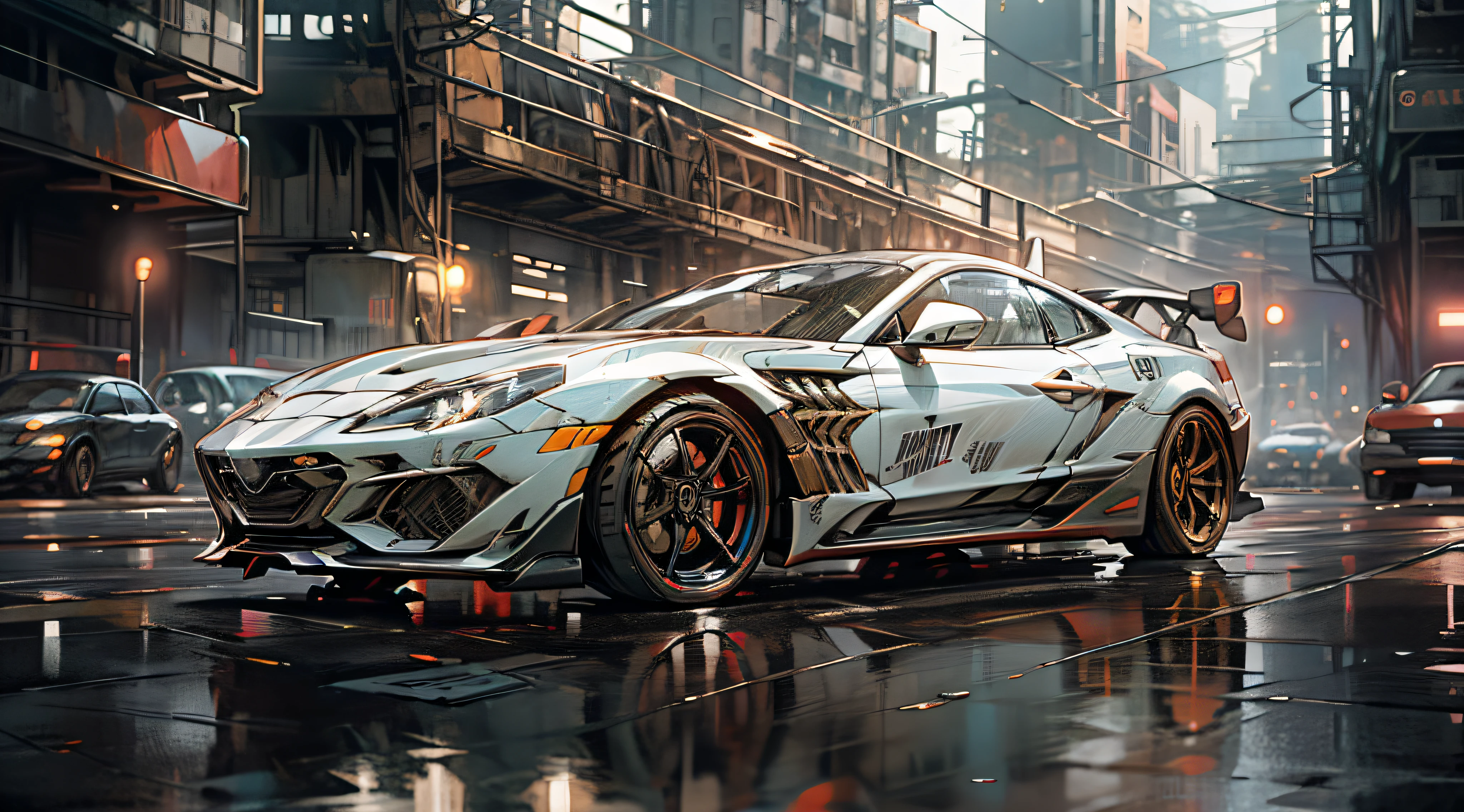 Sports cars chasing, buildings shimmering under neon lights, midnight urban cyberpunk style, mirrors reflecting rain on the ground, the picture is full and delicate, showing the best quality and high level of detail.