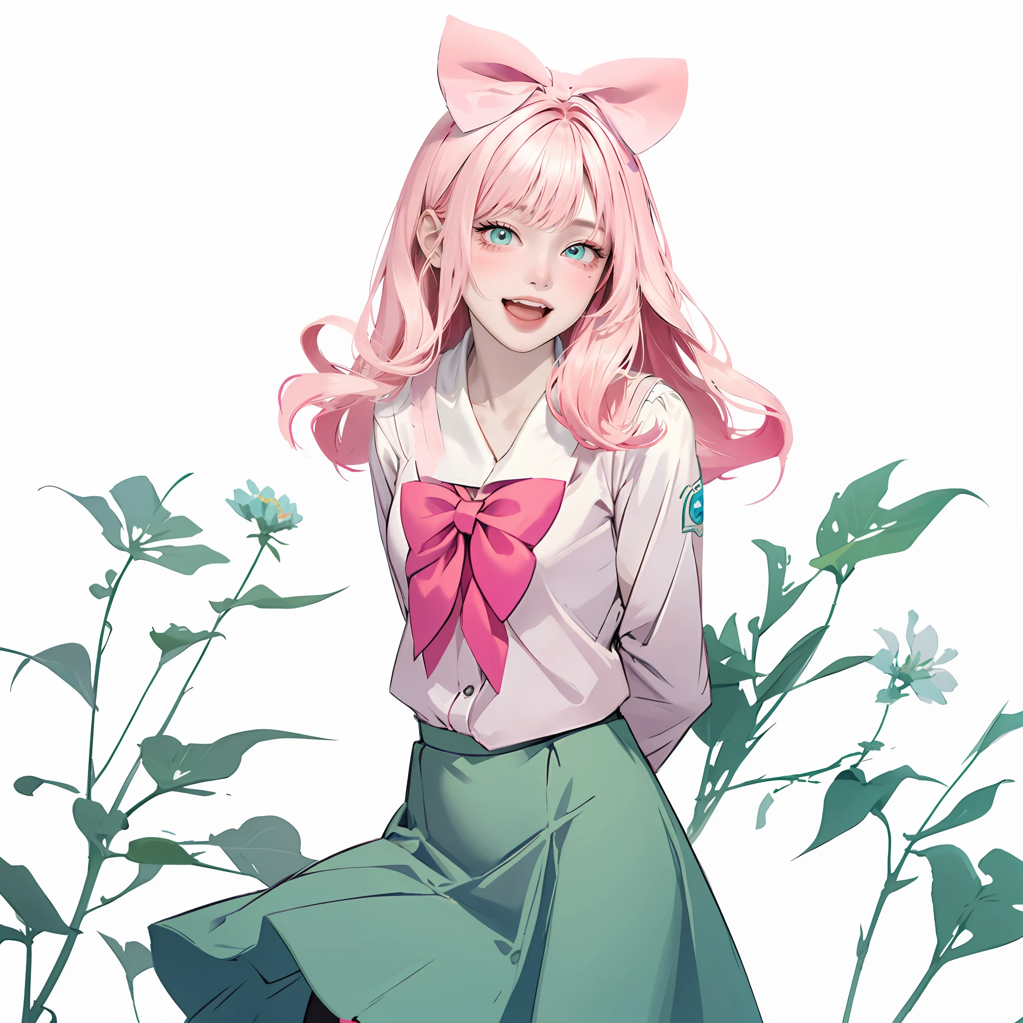 anime girl with pink hair and a bow tie, kawaii realistic, render of april, [[[[grinning evily]]]], guweiz, loli, artwork in the style of guweiz, pink twintail hair and cyan eyes, magical girl, guweiz on pixiv artstation, with pink hair, beautiful torso, skirt, arms behind back