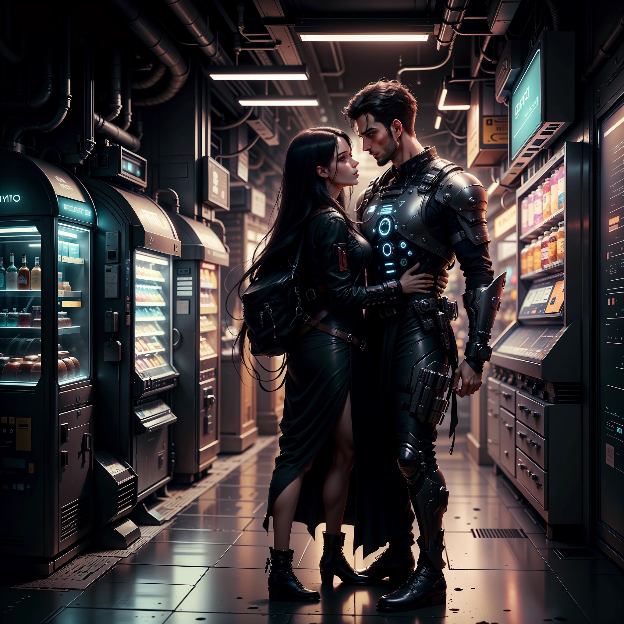 A man, young, tall, brunette, black hair, attractive, cuddled with a woman, brunette, young, long black hair, street background with a cemaphore, futuristic city, night, illustration, half body photography, couple in love, ultra quality, masterpiece, surrea, oil painting --auto