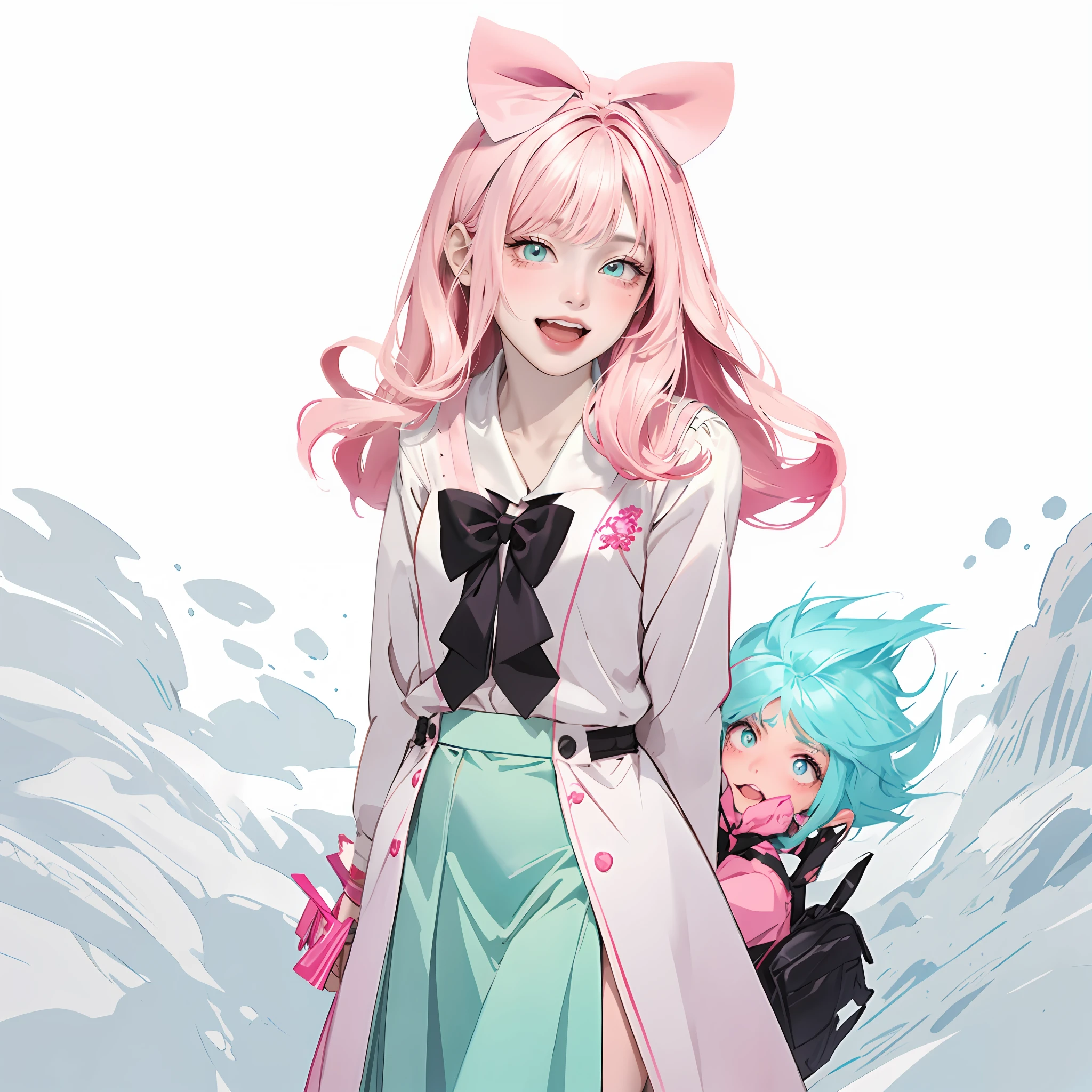 anime girl with pink hair and a bow tie, kawaii realistic, render of april, [[[[grinning evily]]]], guweiz, , artwork in the style of guweiz, pink twintail hair and cyan eyes, magical girl, guweiz on pixiv artstation, with pink hair, beautiful torso, skirt, arms behind back