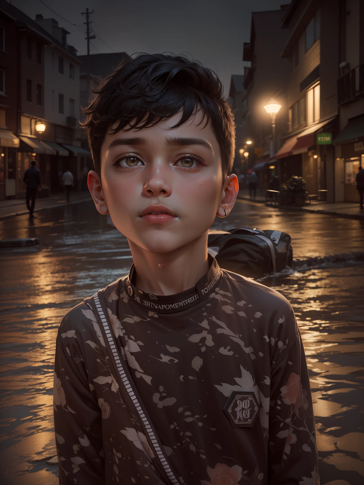 RAW photo, a portrait photo of 10 y.o man in casual clothes, night, city street, (high detailed skin:1.2), 8k uhd, dslr, soft lighting, high quality, film grain, Fujifilm XT3