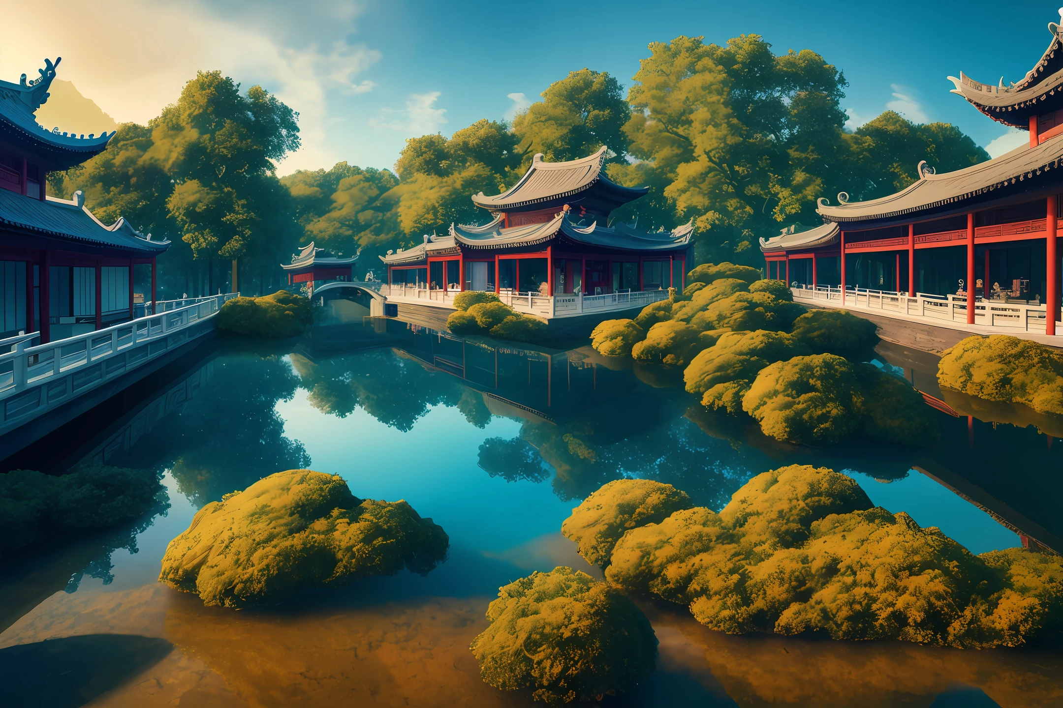 Masterpiece, best quality, high quality, extremely detailed CG unity 8k wallpaper, classical Chinese garden, landscape, amsterdam, winter, outdoors, sky, daytime, landscape, water, tree, blue sky, waterfall, nature, lake, river, cloudy sky, award winning photography, bokeh, depth of field, HDR, bloom, chromatic aberration, realism, very detailed, 360VR panorama, trends on artstation, trends on CGsociety, intricate, high detail, dramatic, Midjourney art