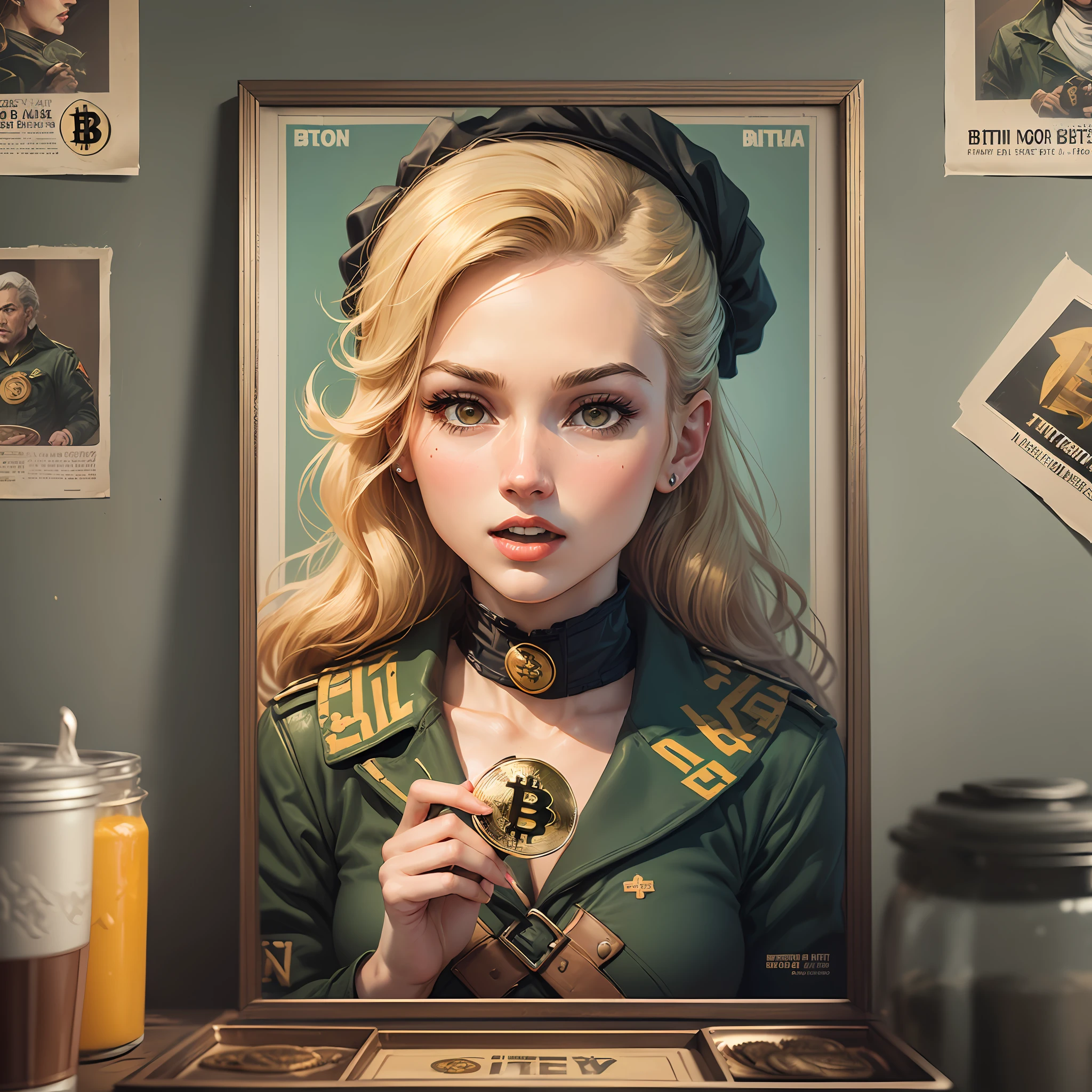 (retro poster:1.2, war style:1.1, woman, tray, Bitcoin as food:1.3) --auto